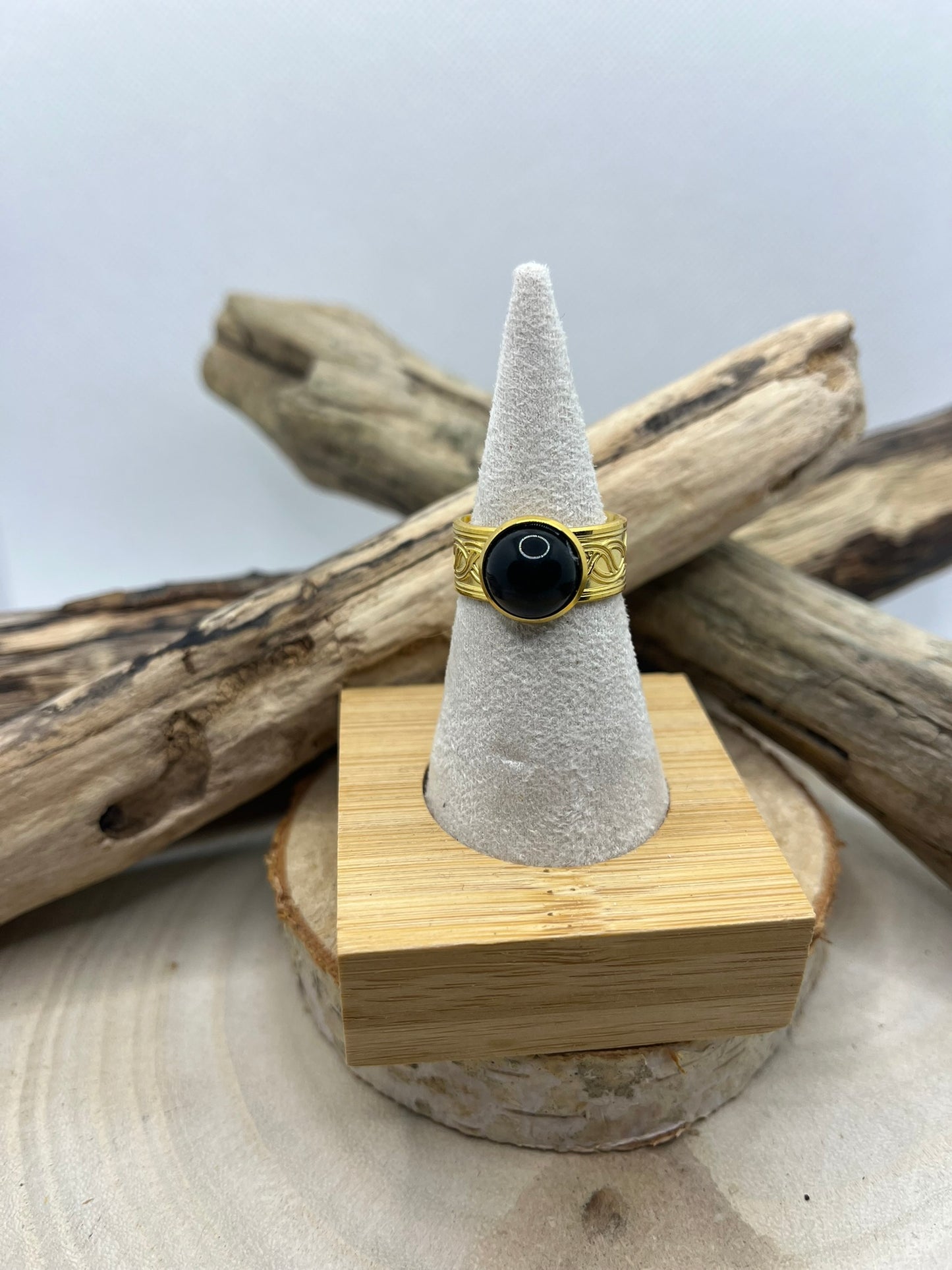 Bague Acier Inoxydable Ajustable - Pierre Naturelle Onyx
