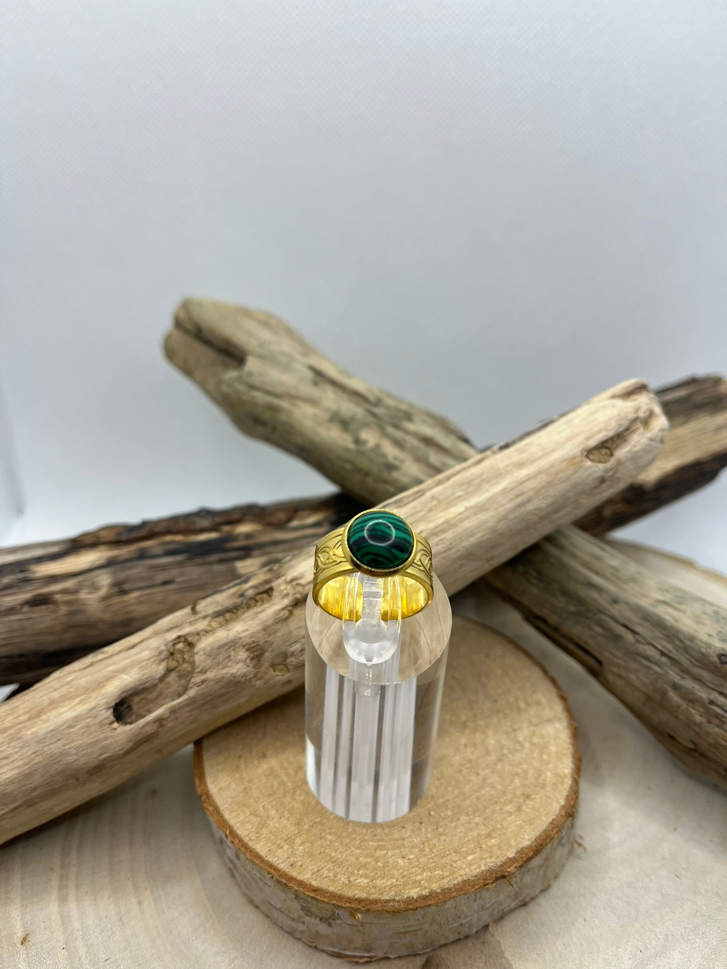 Bague Acier Inoxydable Ajustable - Pierre Naturelle Malachite