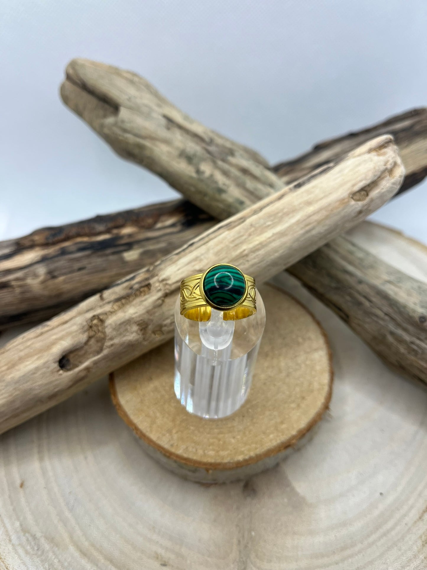 Bague Acier Inoxydable Ajustable - Pierre Naturelle Malachite