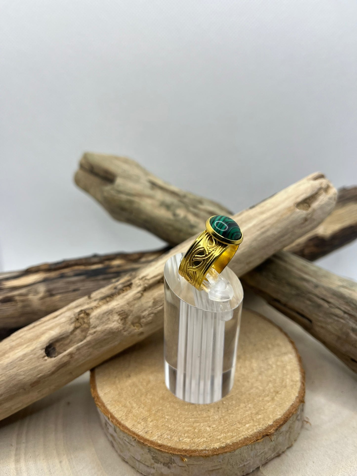 Bague Acier Inoxydable Ajustable - Pierre Naturelle Malachite