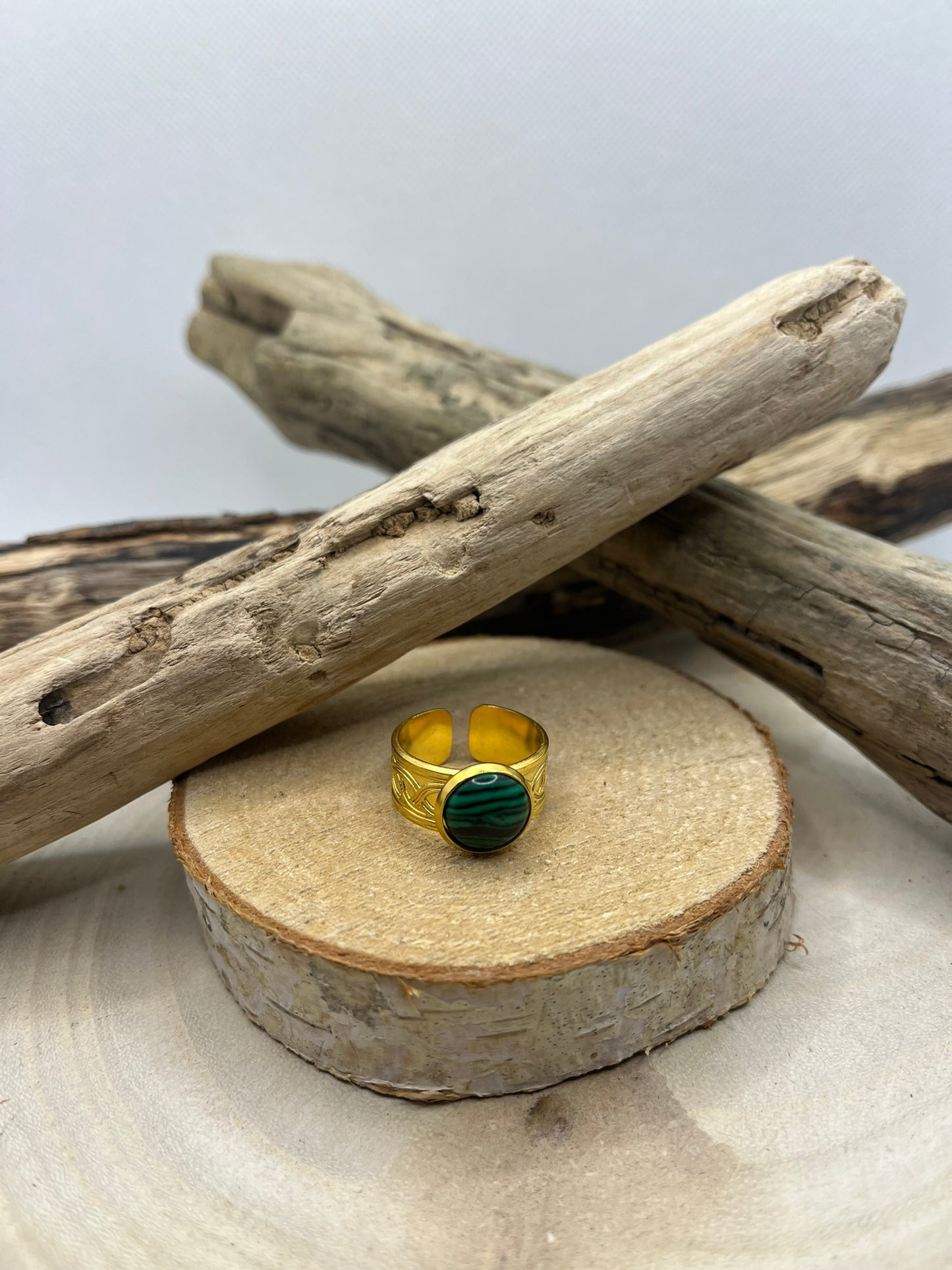 Bague Acier Inoxydable Ajustable - Pierre Naturelle Malachite