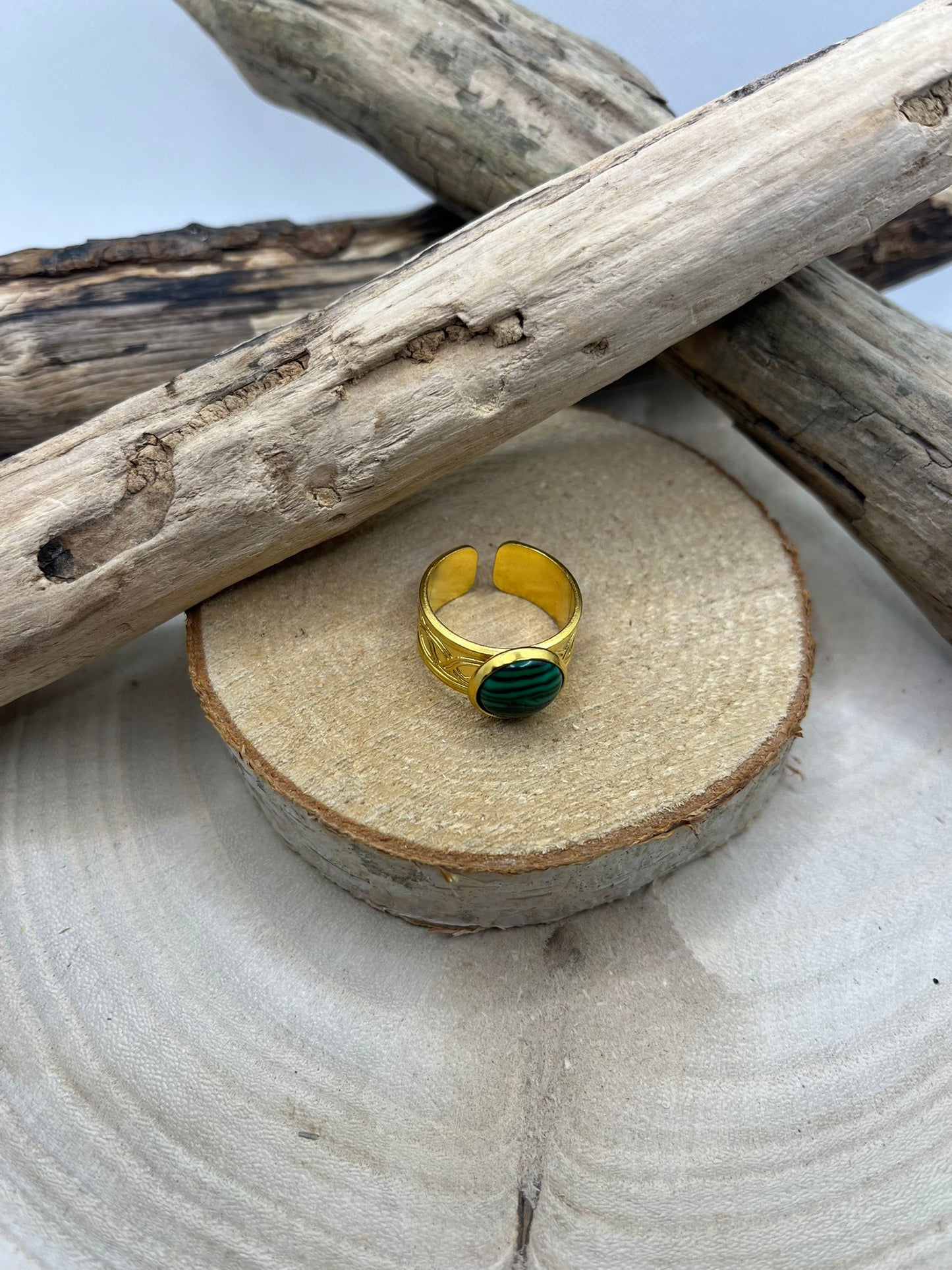 Bague Acier Inoxydable Ajustable - Pierre Naturelle Malachite