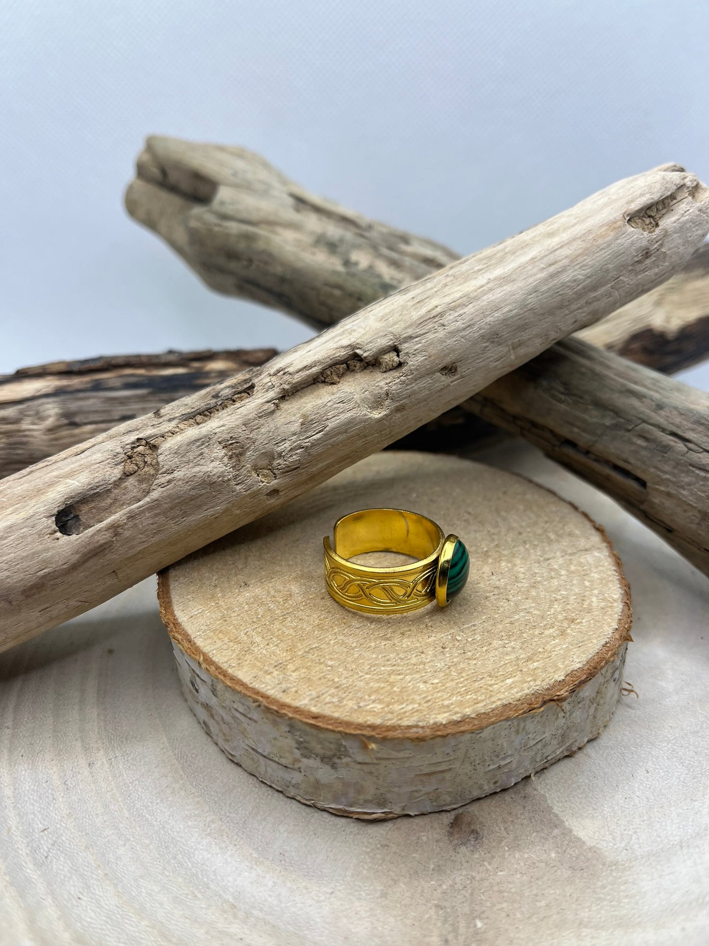 Bague Acier Inoxydable Ajustable - Pierre Naturelle Malachite