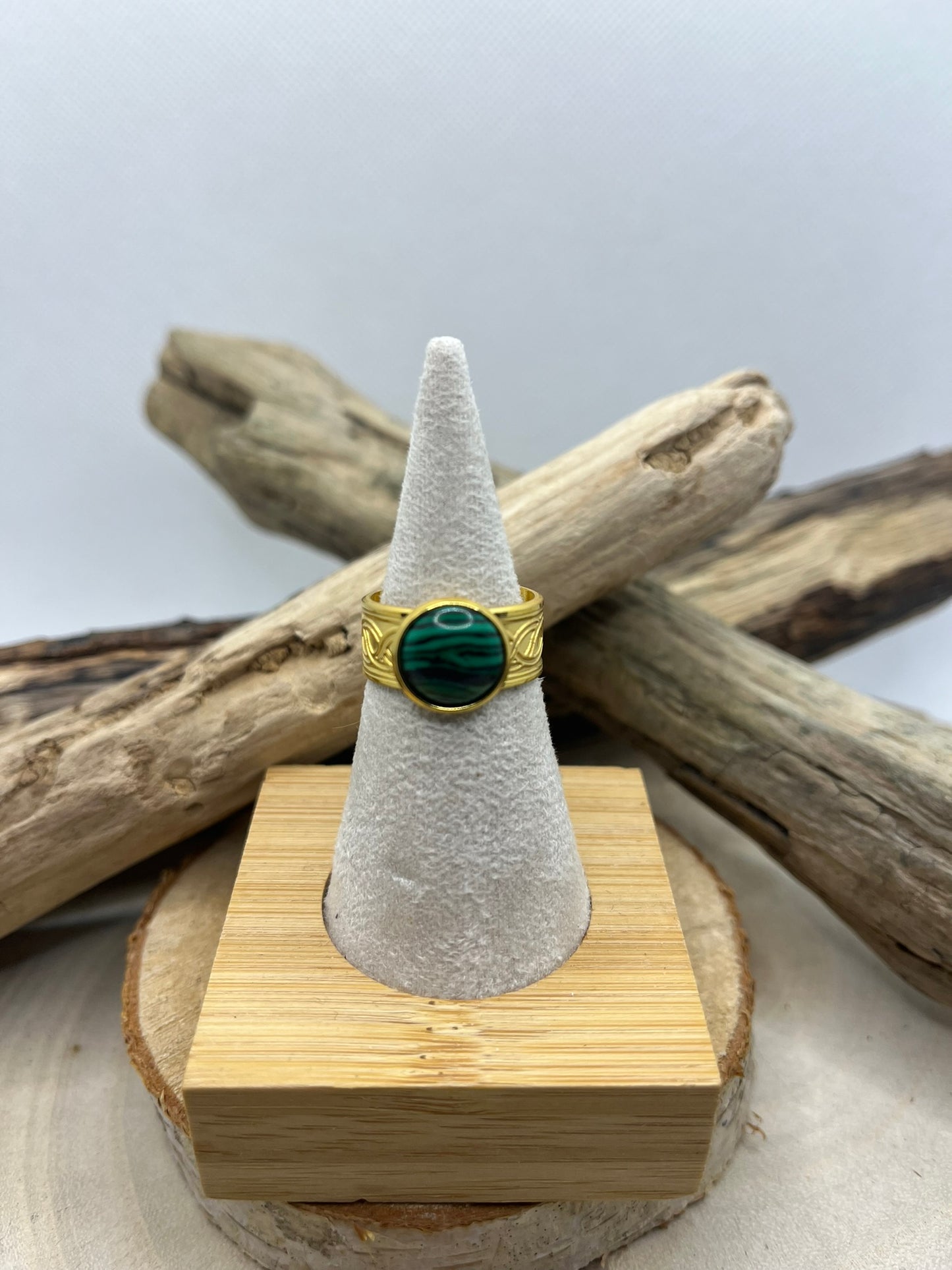 Bague Acier Inoxydable Ajustable - Pierre Naturelle Malachite