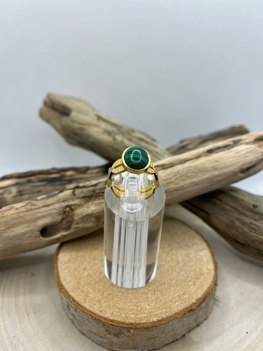 Bague Doré Acier Inoxydable Ajustable - Pierre Naturelle Malachite