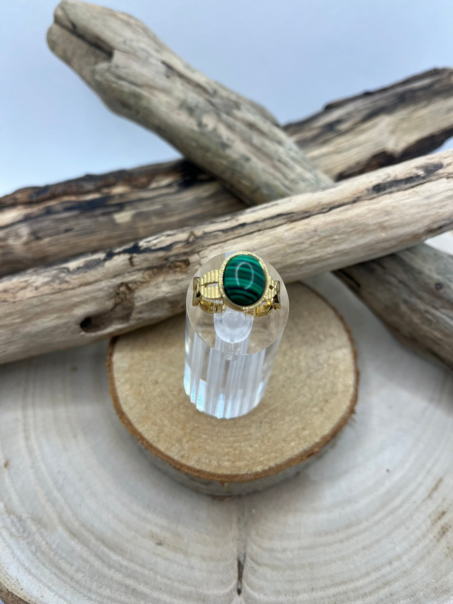 Bague Doré Acier Inoxydable Ajustable - Pierre Naturelle Malachite