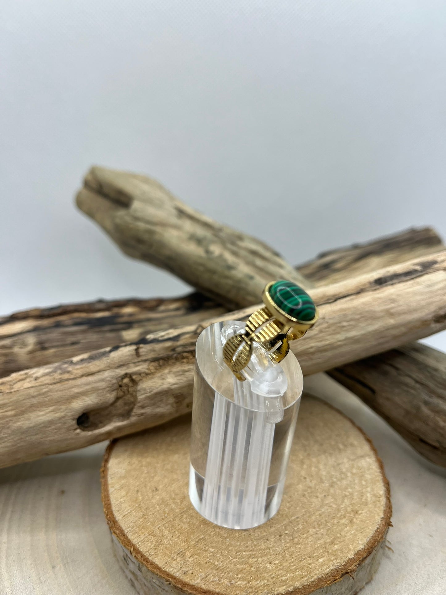 Bague Doré Acier Inoxydable Ajustable - Pierre Naturelle Malachite