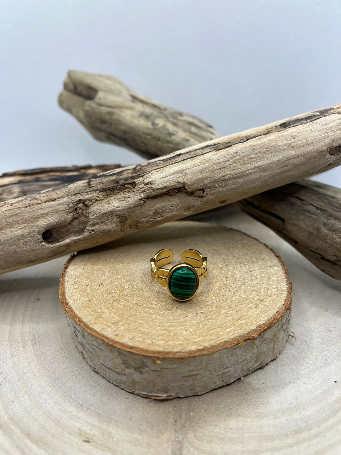 Bague Doré Acier Inoxydable Ajustable - Pierre Naturelle Malachite
