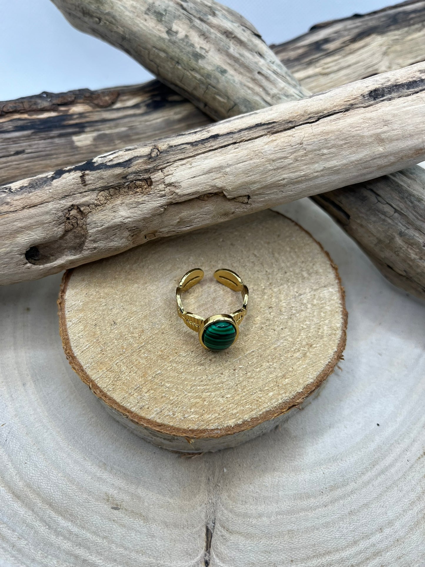 Bague Doré Acier Inoxydable Ajustable - Pierre Naturelle Malachite