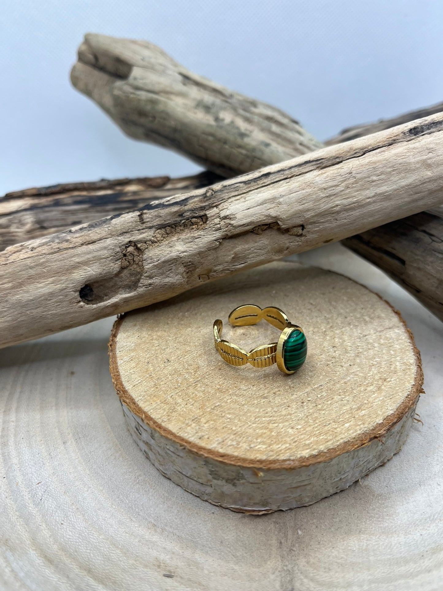 Bague Doré Acier Inoxydable Ajustable - Pierre Naturelle Malachite