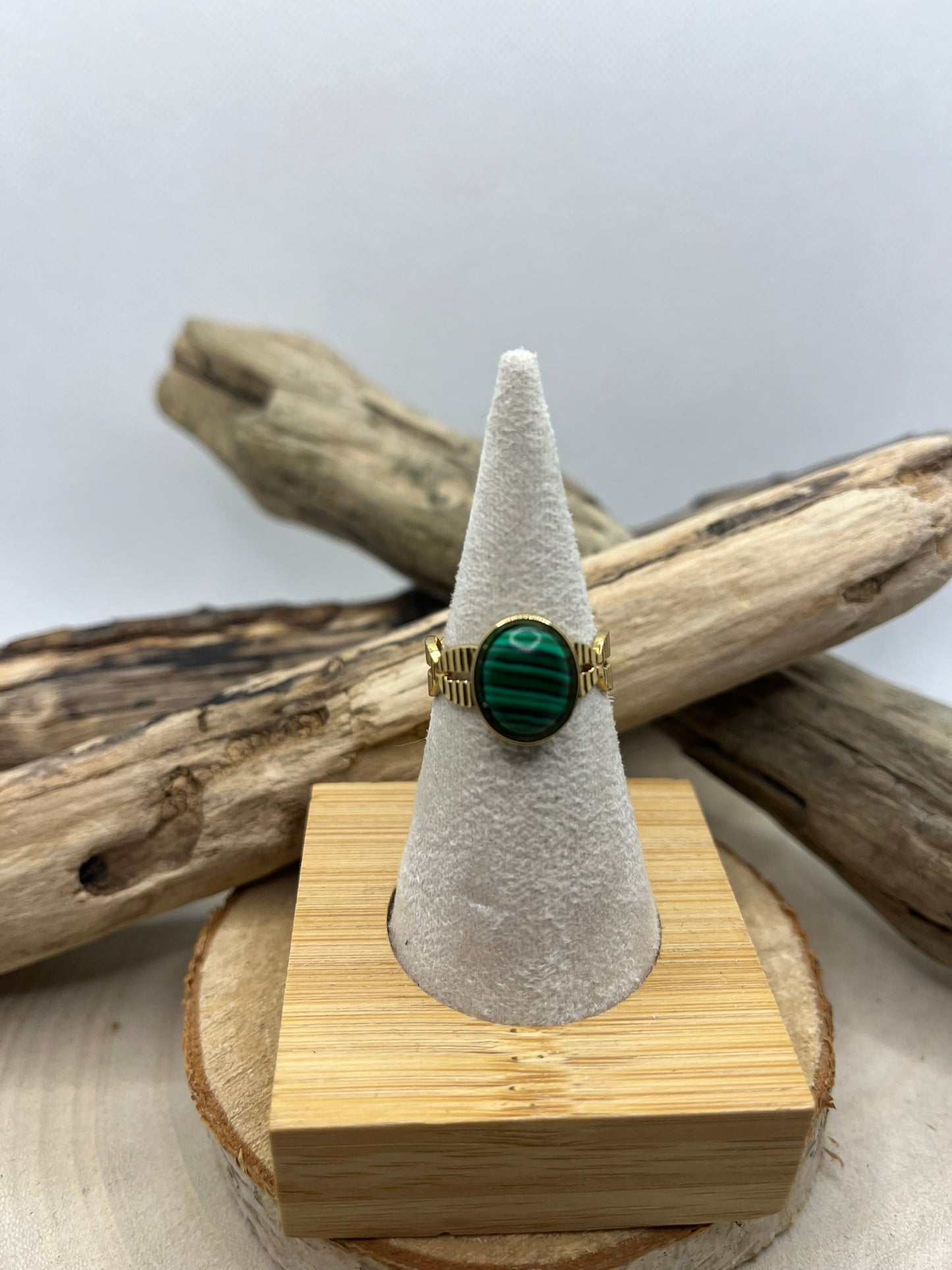 Bague Doré Acier Inoxydable Ajustable - Pierre Naturelle Malachite