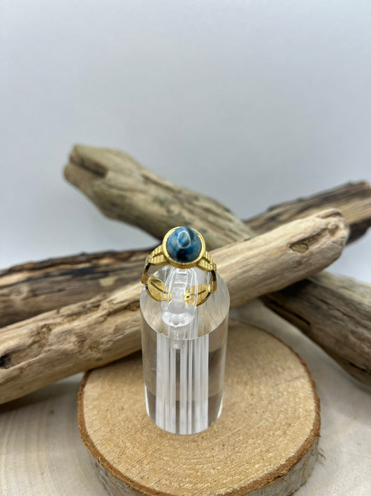 Bague Acier Inoxydable Ajustable Doré - Pierre Naturelle Sodalite