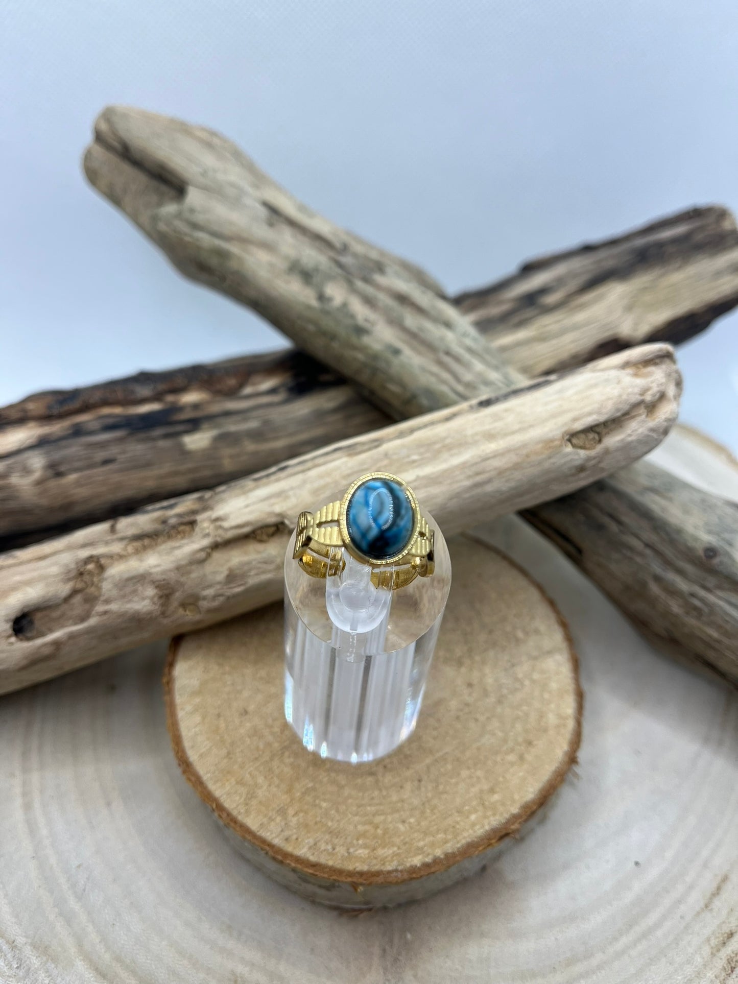 Bague Acier Inoxydable Ajustable Doré - Pierre Naturelle Sodalite