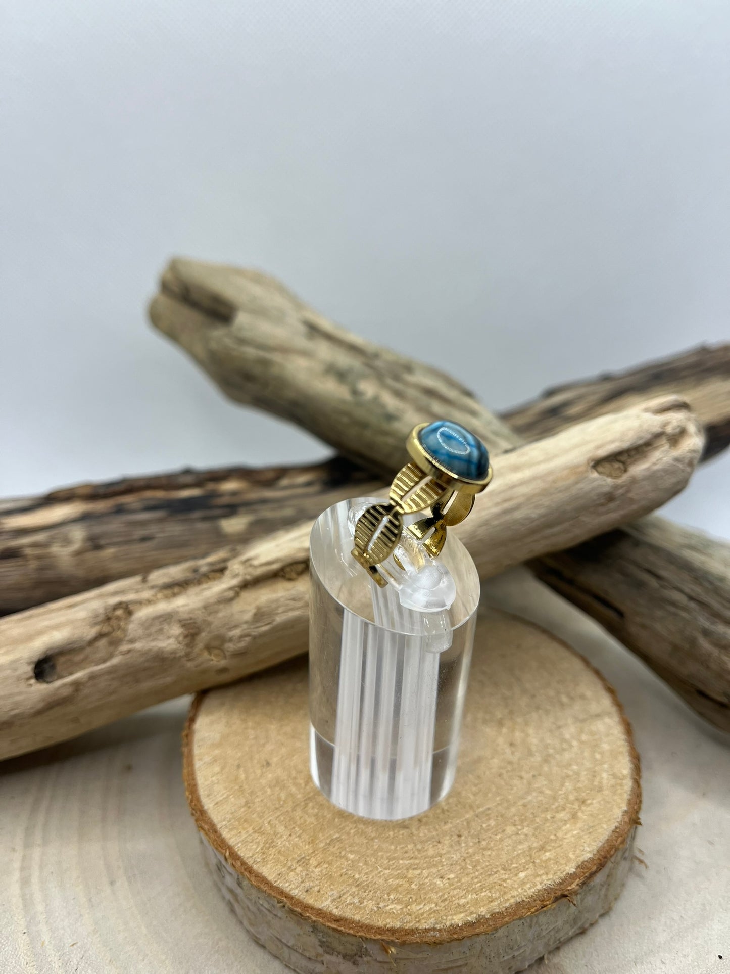 Bague Acier Inoxydable Ajustable Doré - Pierre Naturelle Sodalite