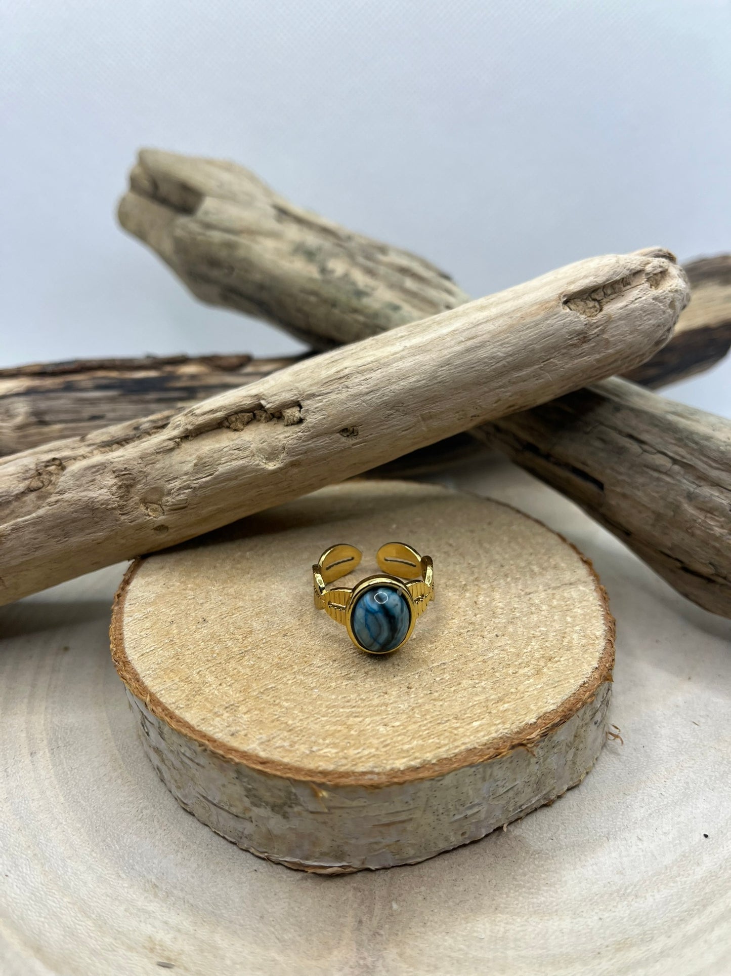 Bague Acier Inoxydable Ajustable Doré - Pierre Naturelle Sodalite