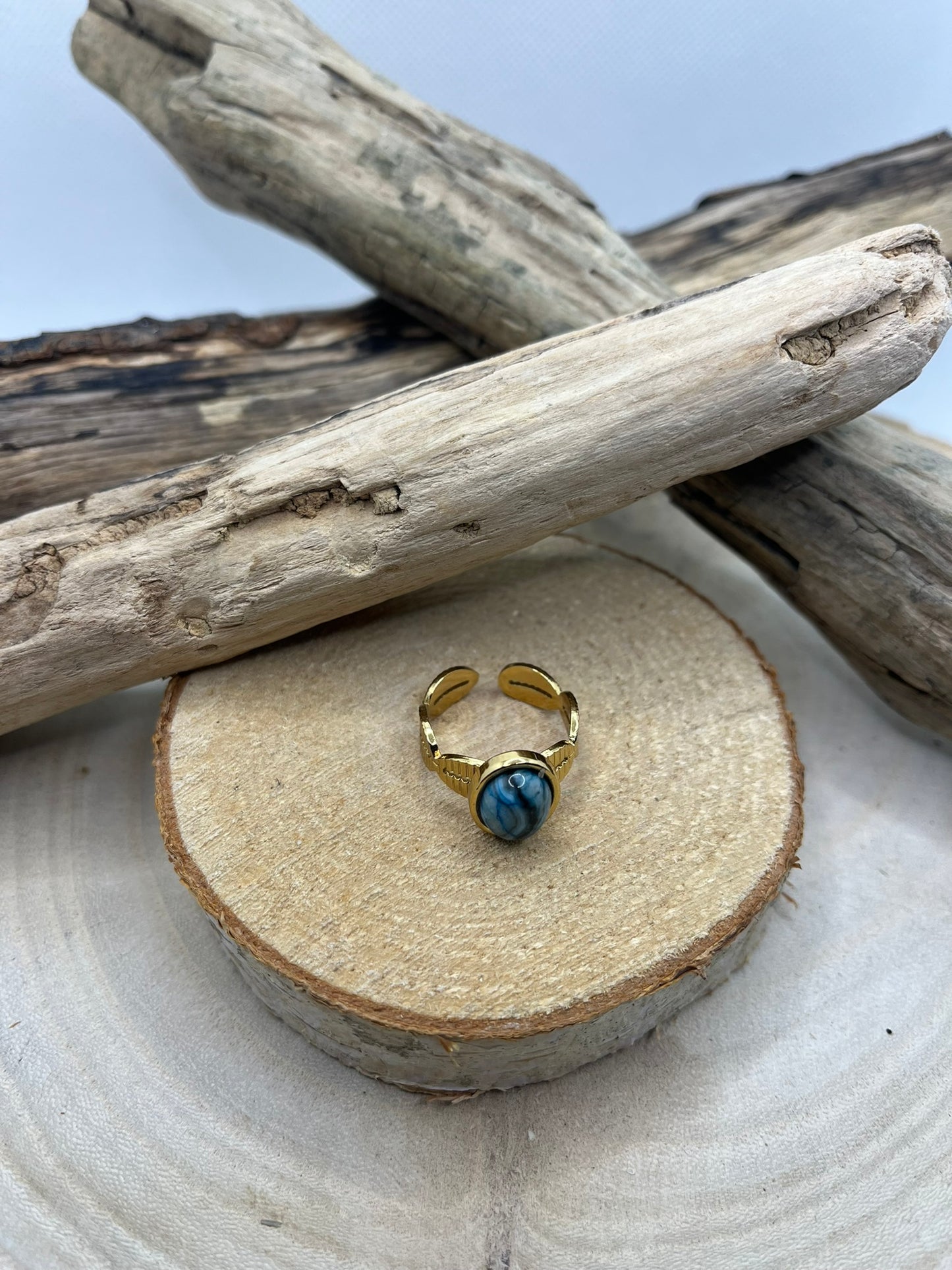 Bague Acier Inoxydable Ajustable Doré - Pierre Naturelle Sodalite