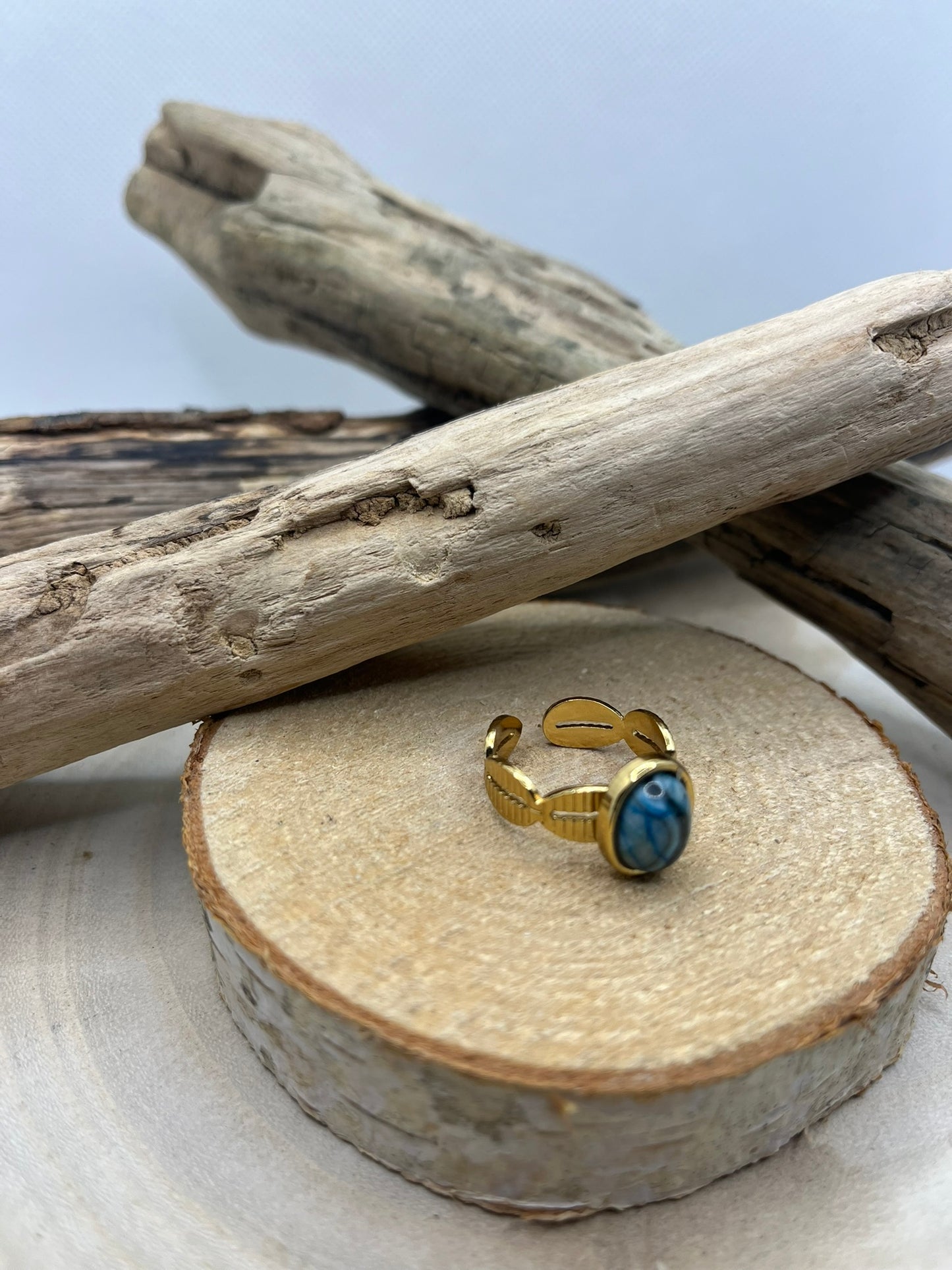 Bague Acier Inoxydable Ajustable Doré - Pierre Naturelle Sodalite