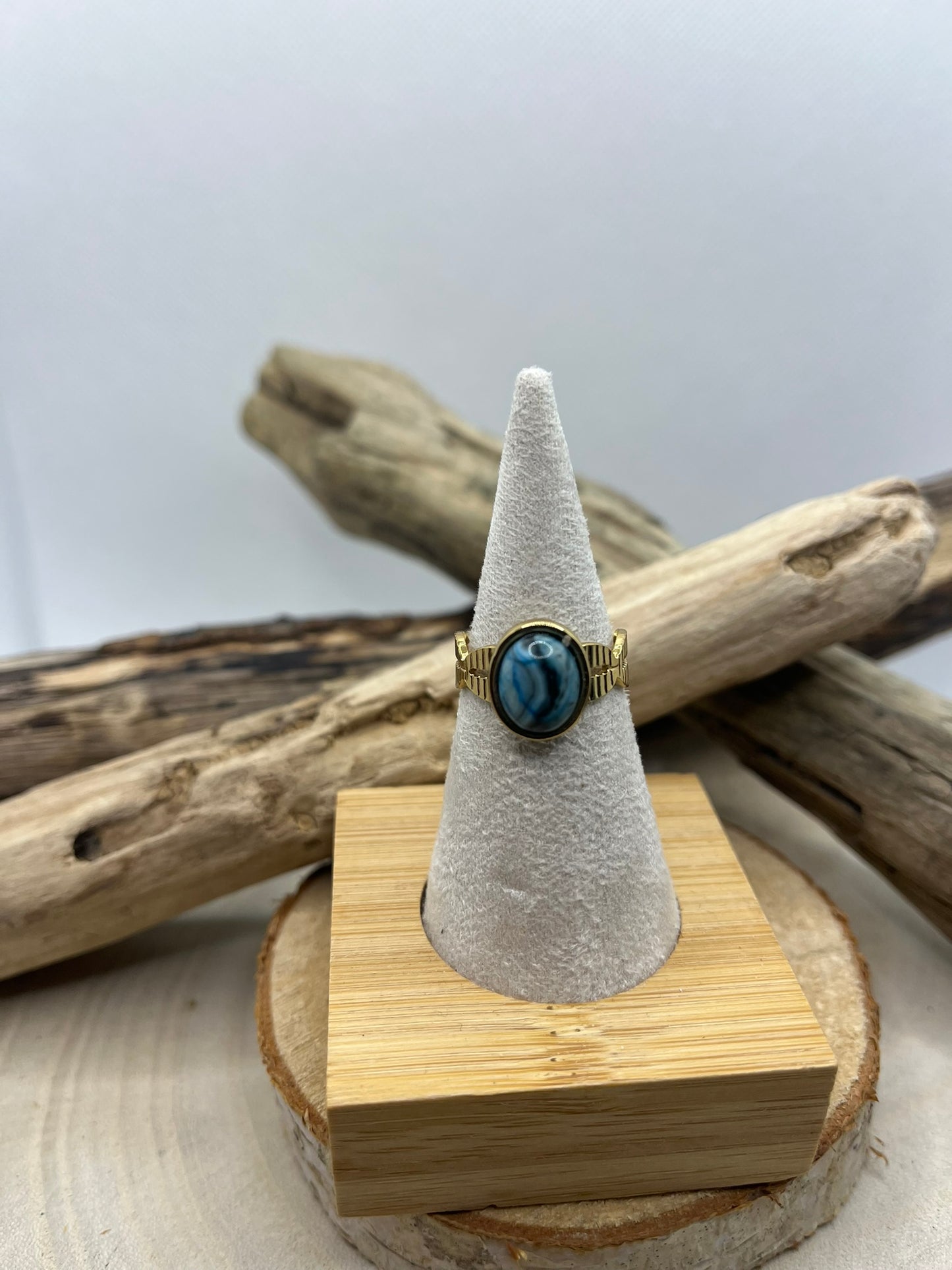 Bague Acier Inoxydable Ajustable Doré - Pierre Naturelle Sodalite