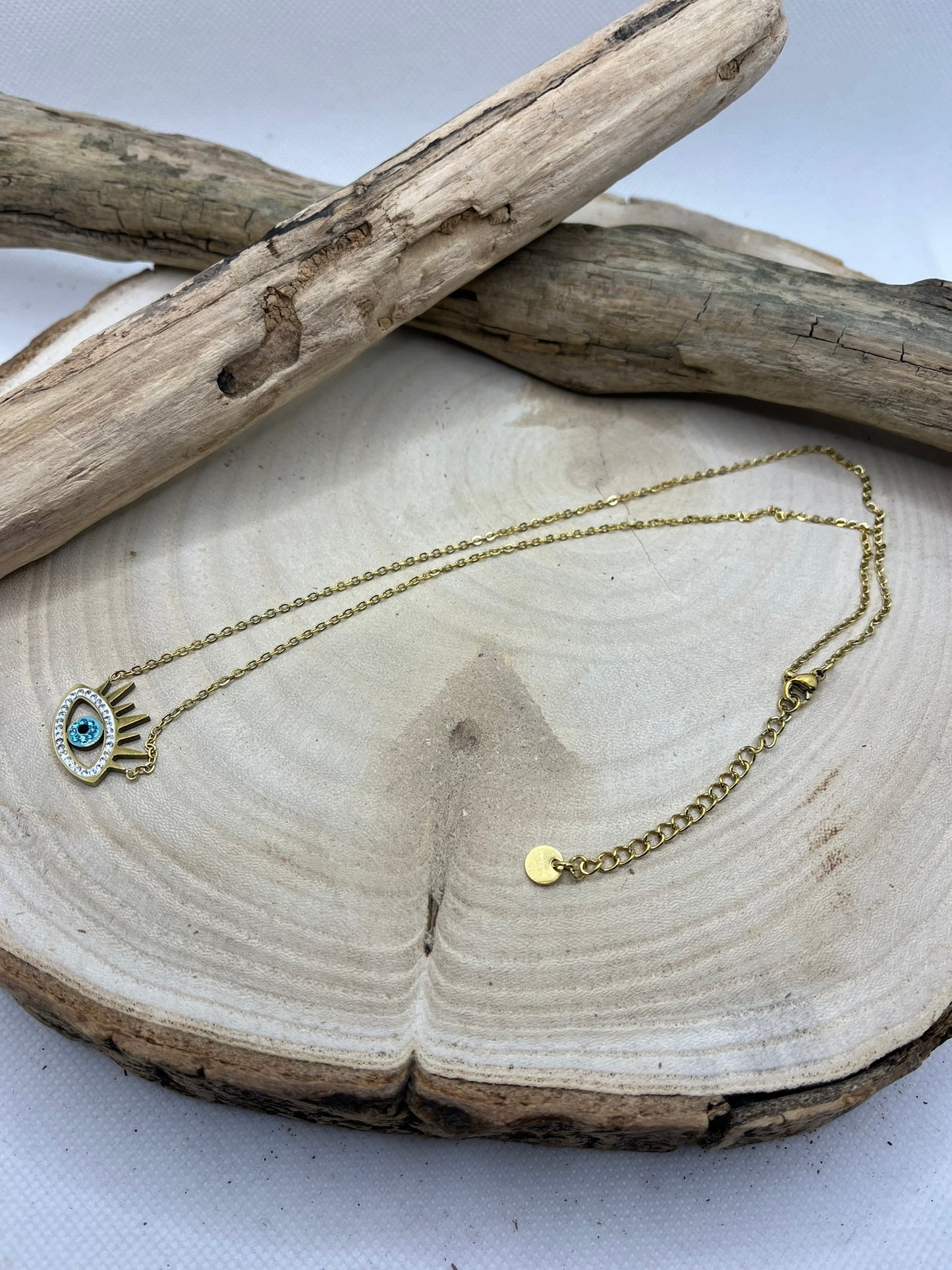 Collier Femme Chaine fine Pendentif oeil orné de strass - Acier Inoxydable Doré