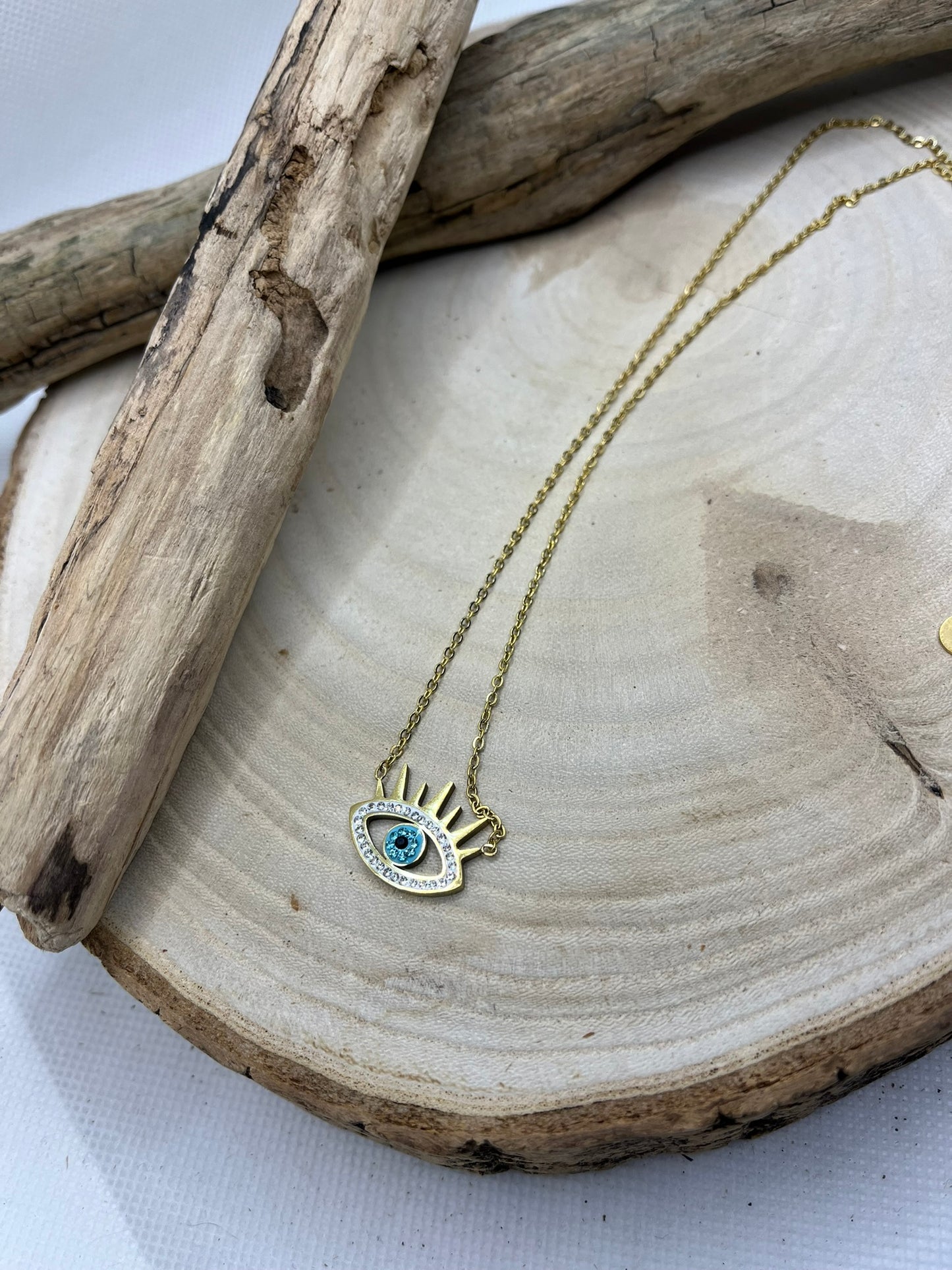 Collier Femme Chaine fine Pendentif oeil orné de strass - Acier Inoxydable Doré