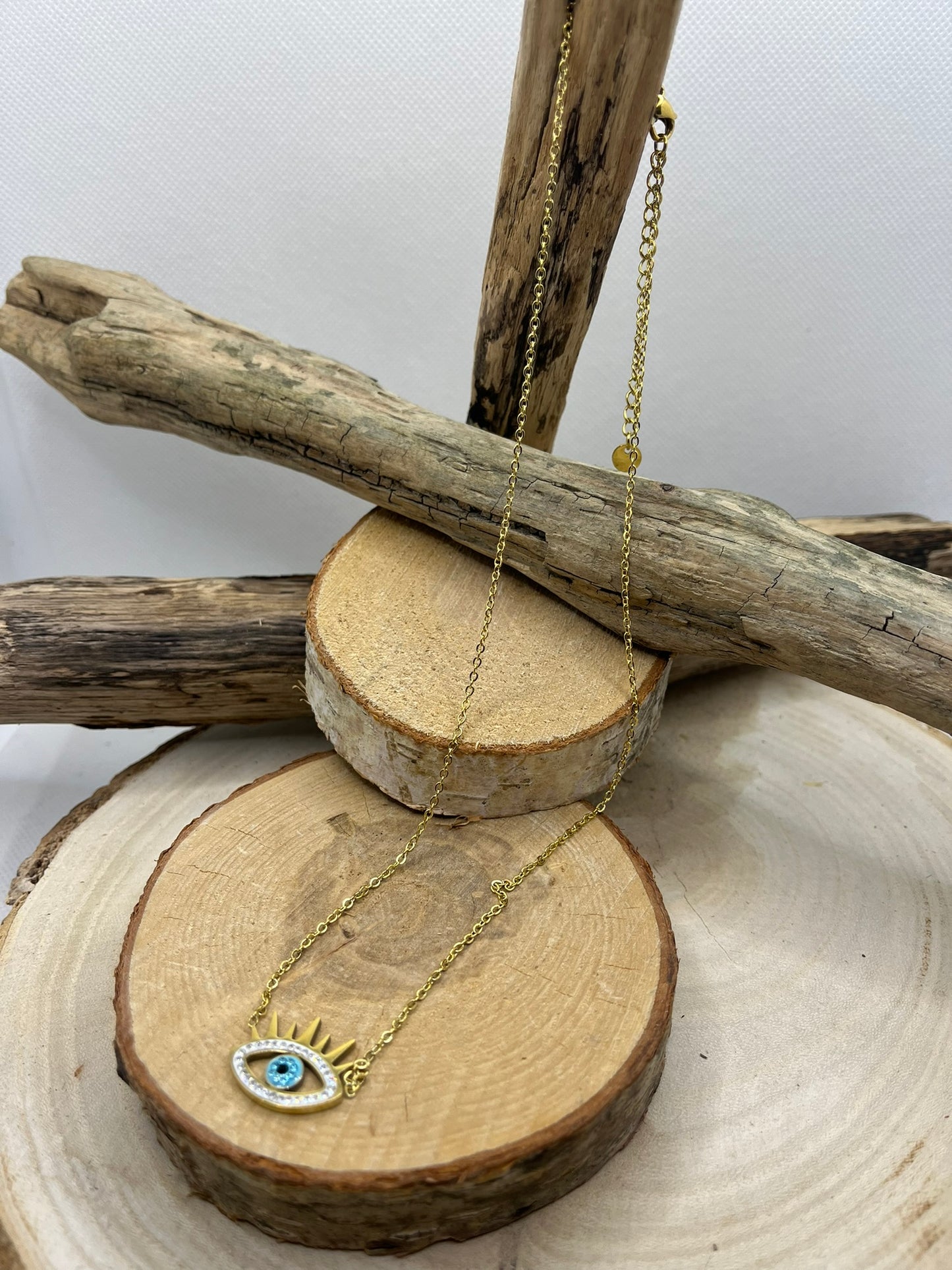 Collier Femme Chaine fine Pendentif oeil orné de strass - Acier Inoxydable Doré