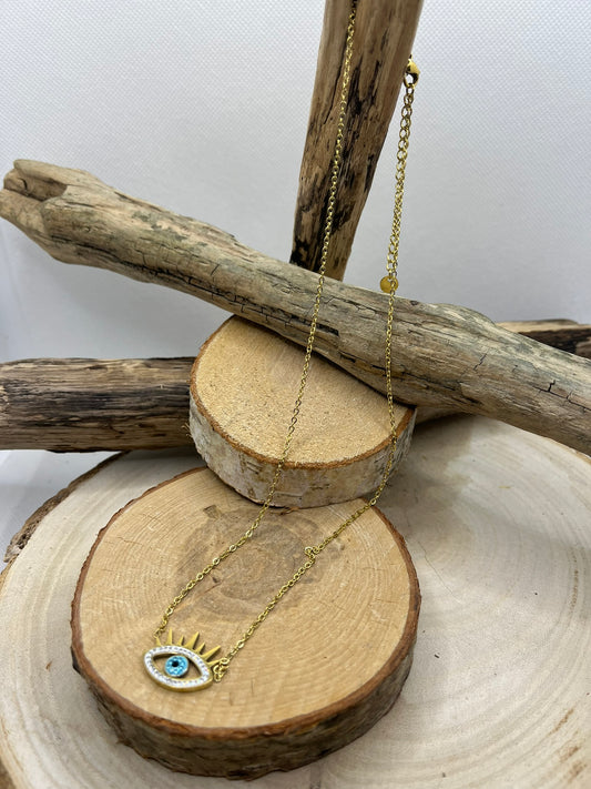 Collier Femme Chaine fine Pendentif oeil orné de strass - Acier Inoxydable Doré