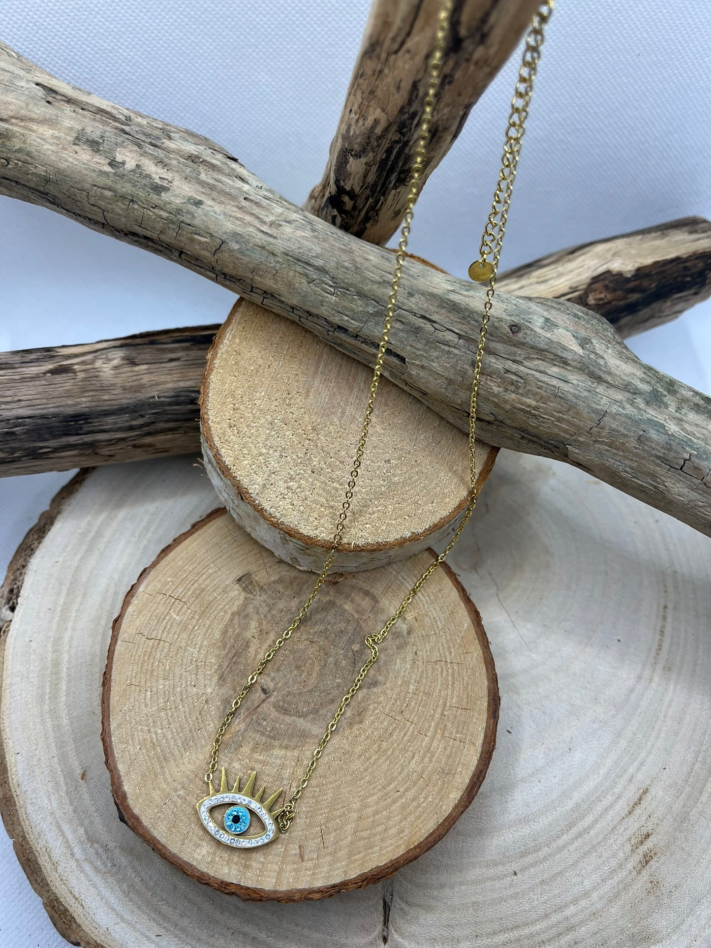 Collier Femme Chaine fine Pendentif oeil orné de strass - Acier Inoxydable Doré