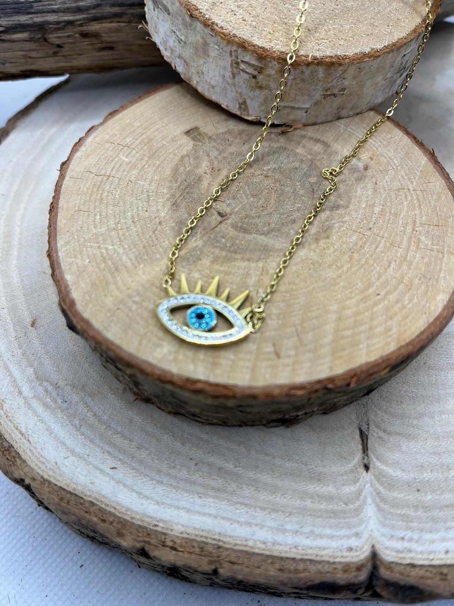 Collier Femme Chaine fine Pendentif oeil orné de strass - Acier Inoxydable Doré