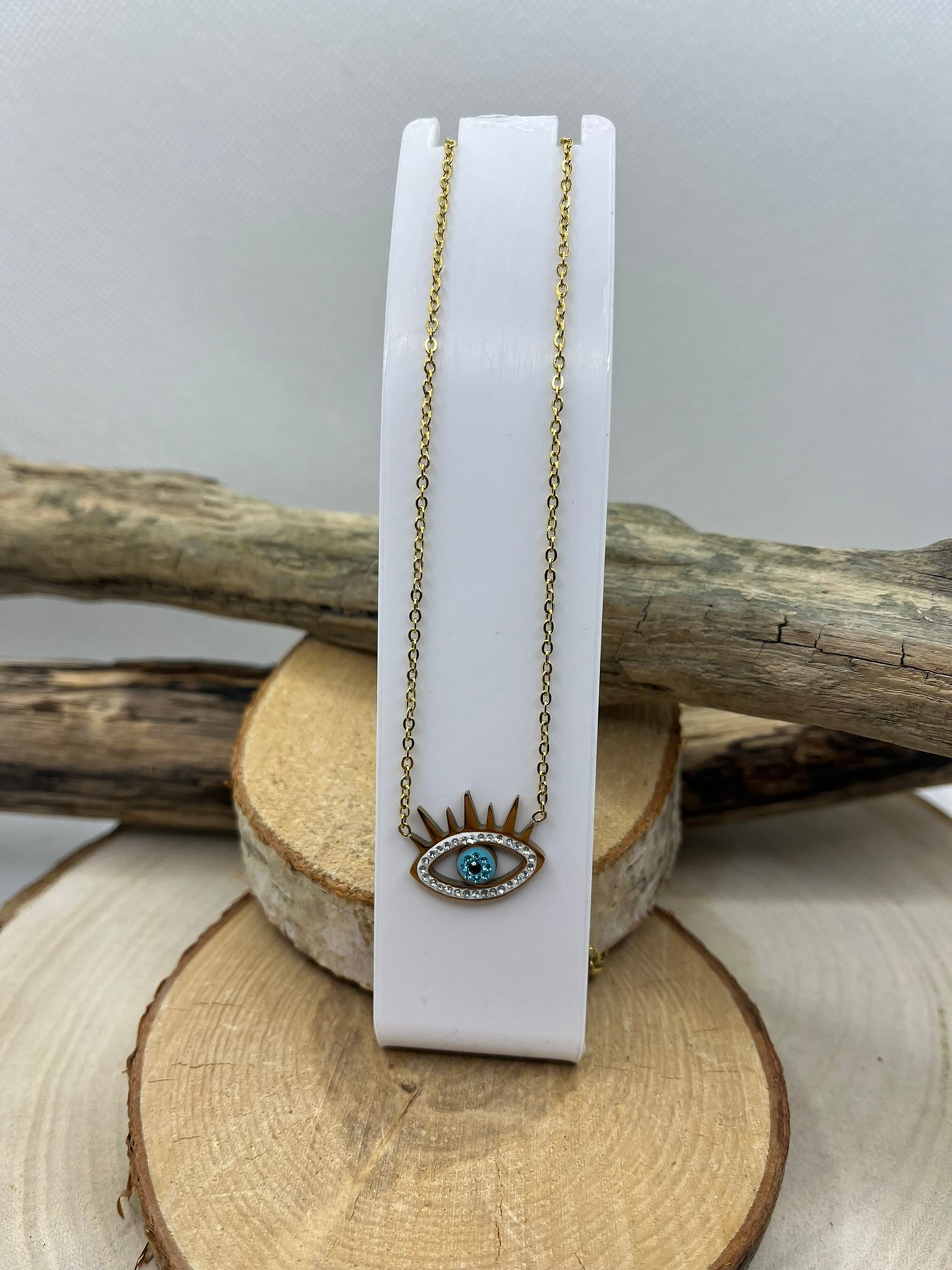 Collier Femme Chaine fine Pendentif oeil orné de strass - Acier Inoxydable Doré
