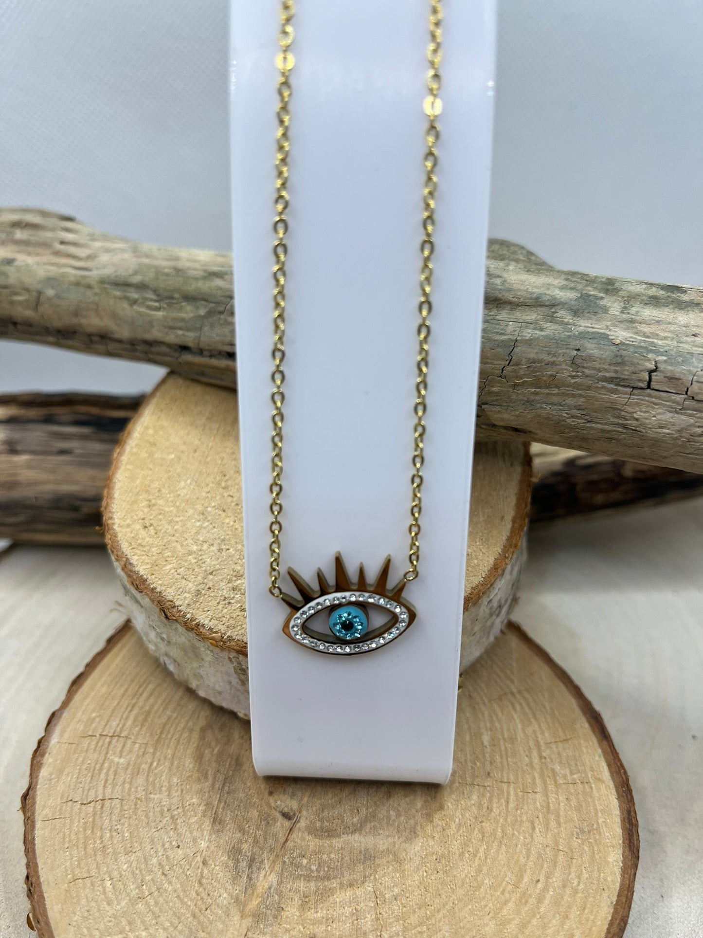 Collier Femme Chaine fine Pendentif oeil orné de strass - Acier Inoxydable Doré