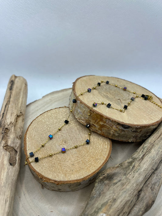 Collier Femme Chaine fine ornés de strass de couleurs - Acier Inoxydable doré