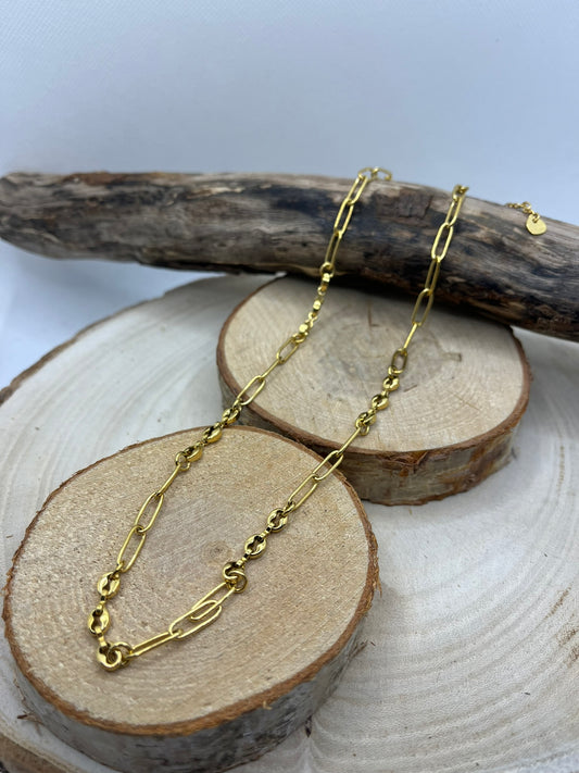 Collier Maillon chaine et Grains de café élégant - Acier inoxydable doré