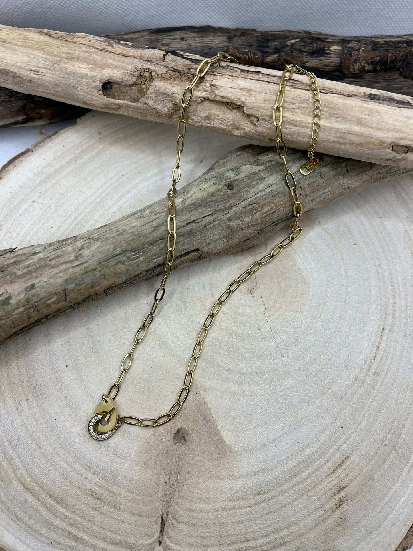 Collier Chaine Maillon élégant - Style pendentif anneau croisée avec strass - Acier inoxydable doré