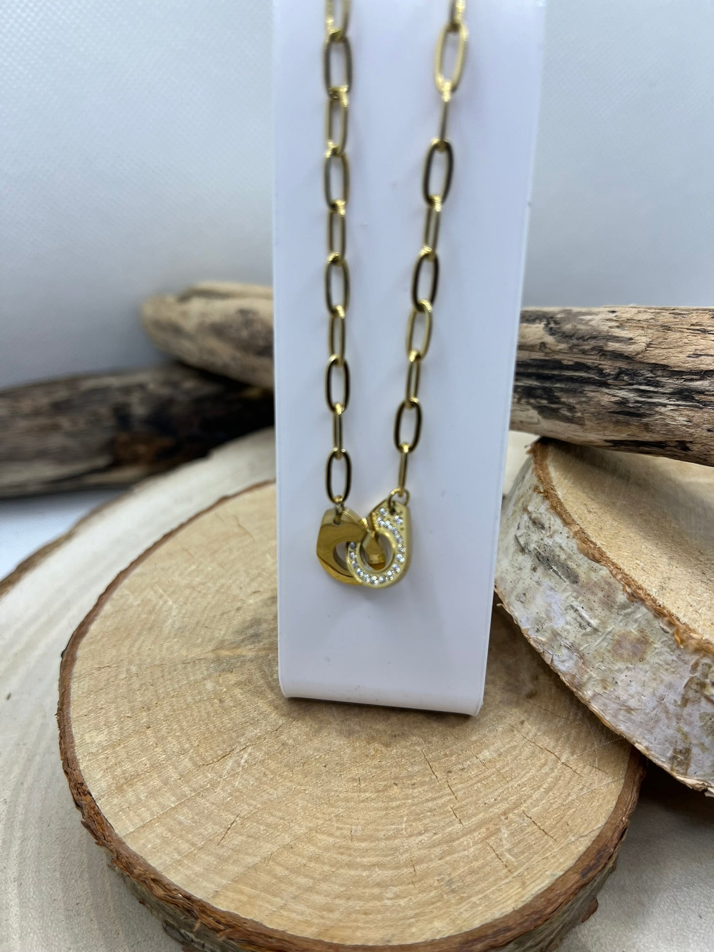 Collier Chaine Maillon élégant - Style pendentif anneau croisée avec strass - Acier inoxydable doré