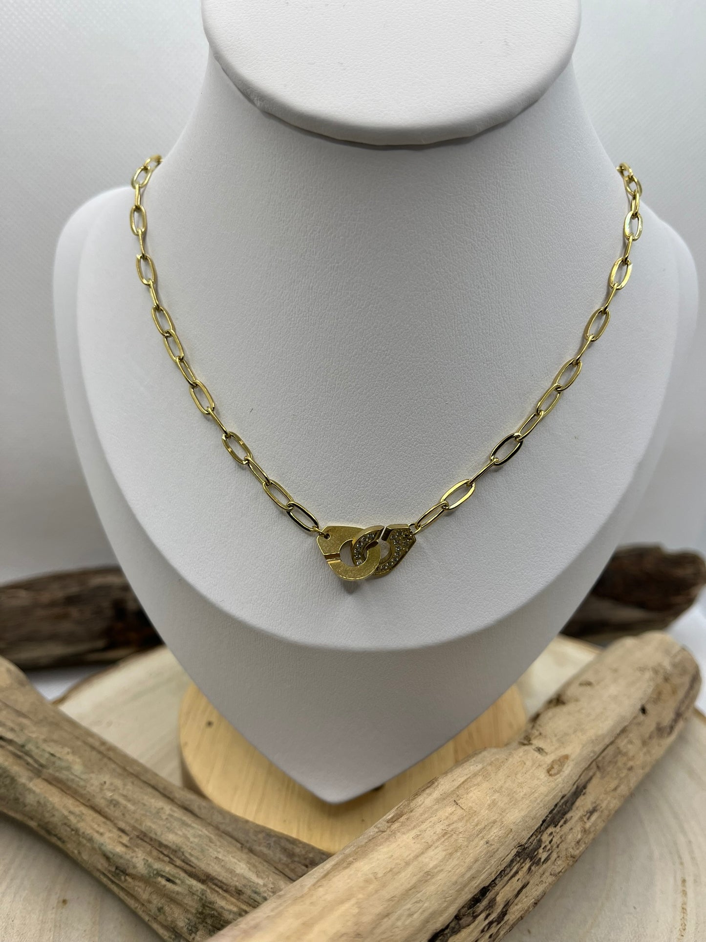 Collier Chaine Maillon élégant - Style pendentif anneau croisée avec strass - Acier inoxydable doré