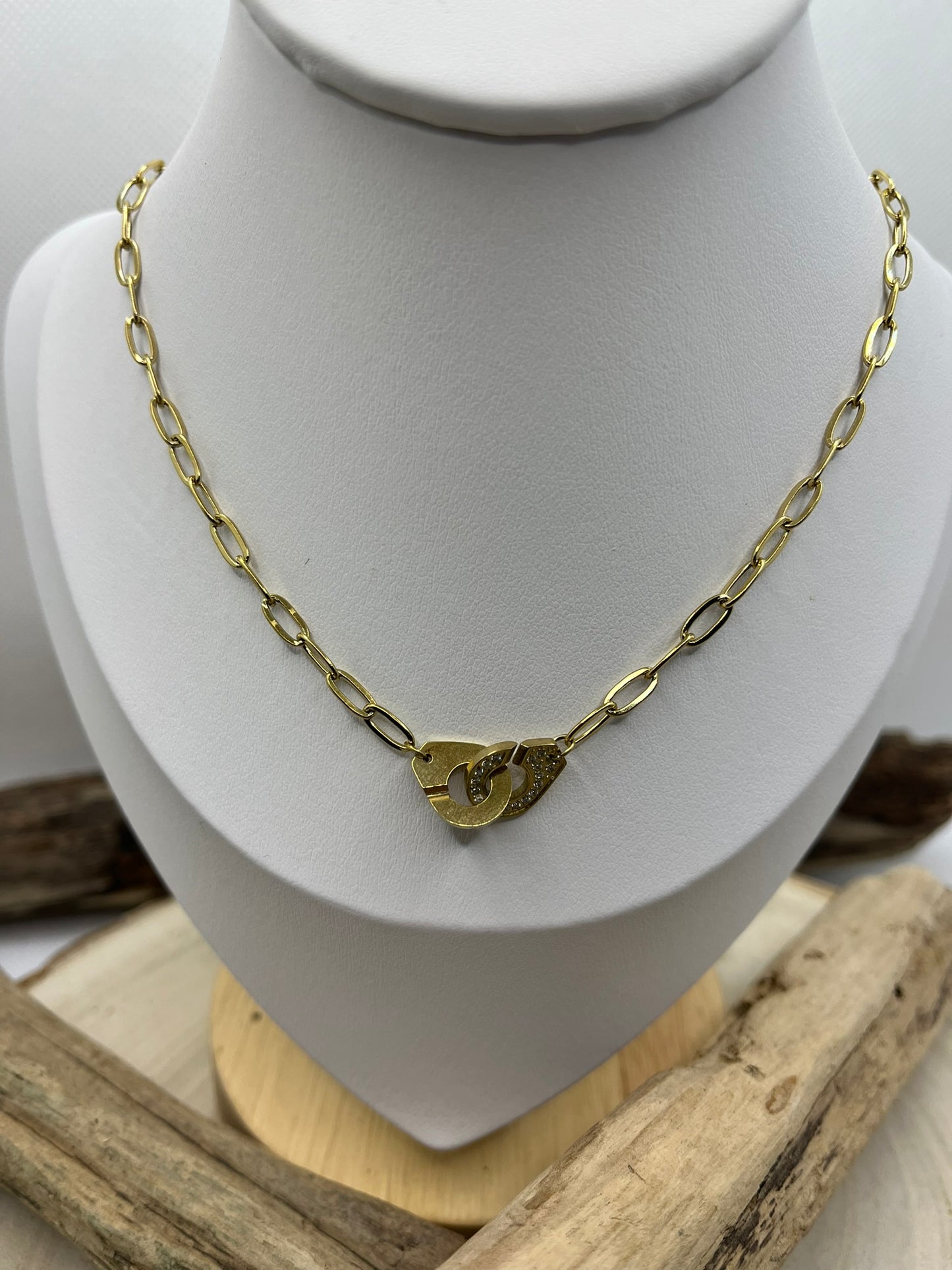 Collier Chaine Maillon élégant - Style pendentif anneau croisée avec strass - Acier inoxydable doré