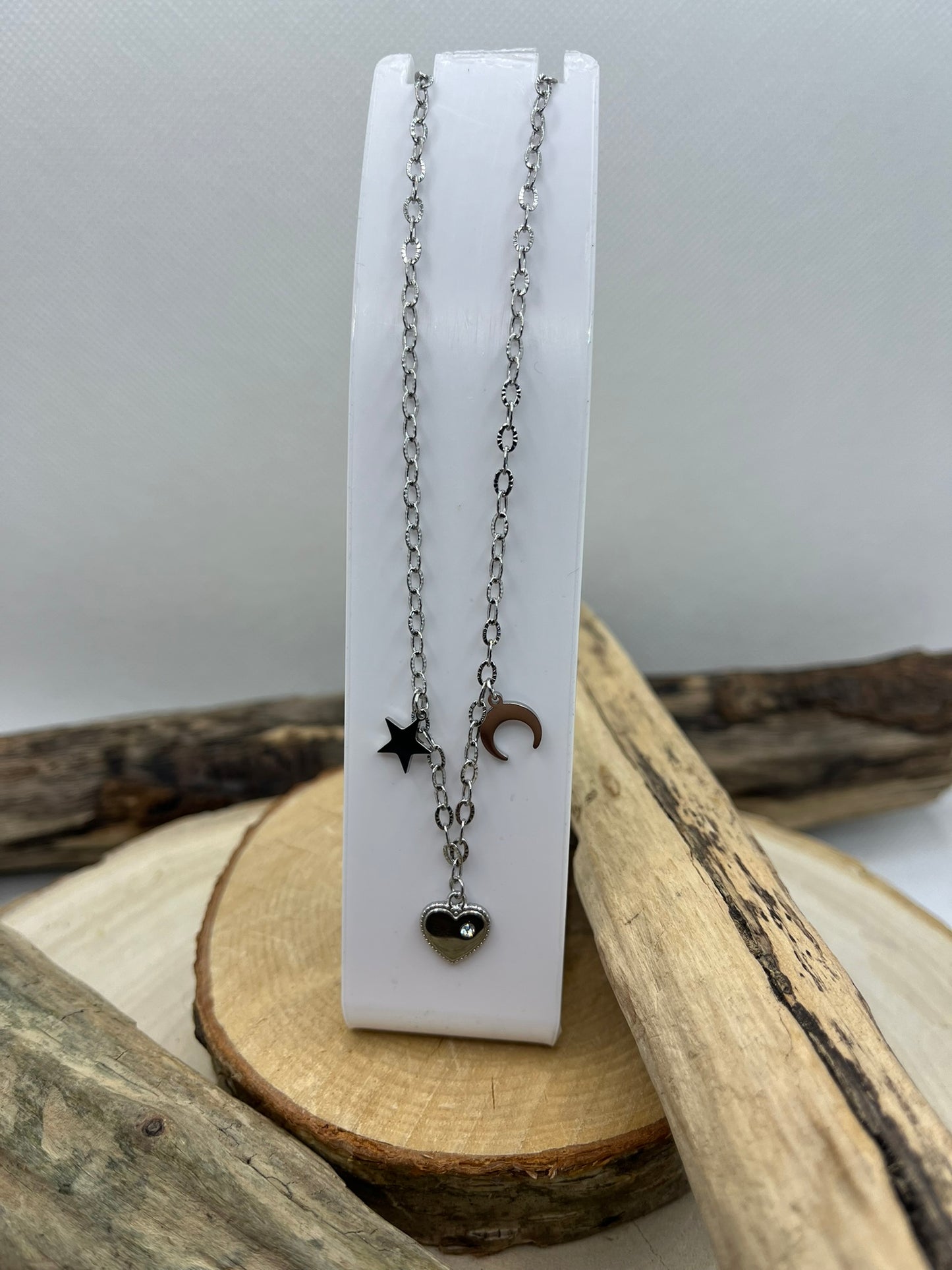 Collier Chaîne fine argenté en acier Inoxydable, Avec ces Pendentif Coeur, étoile, Lune