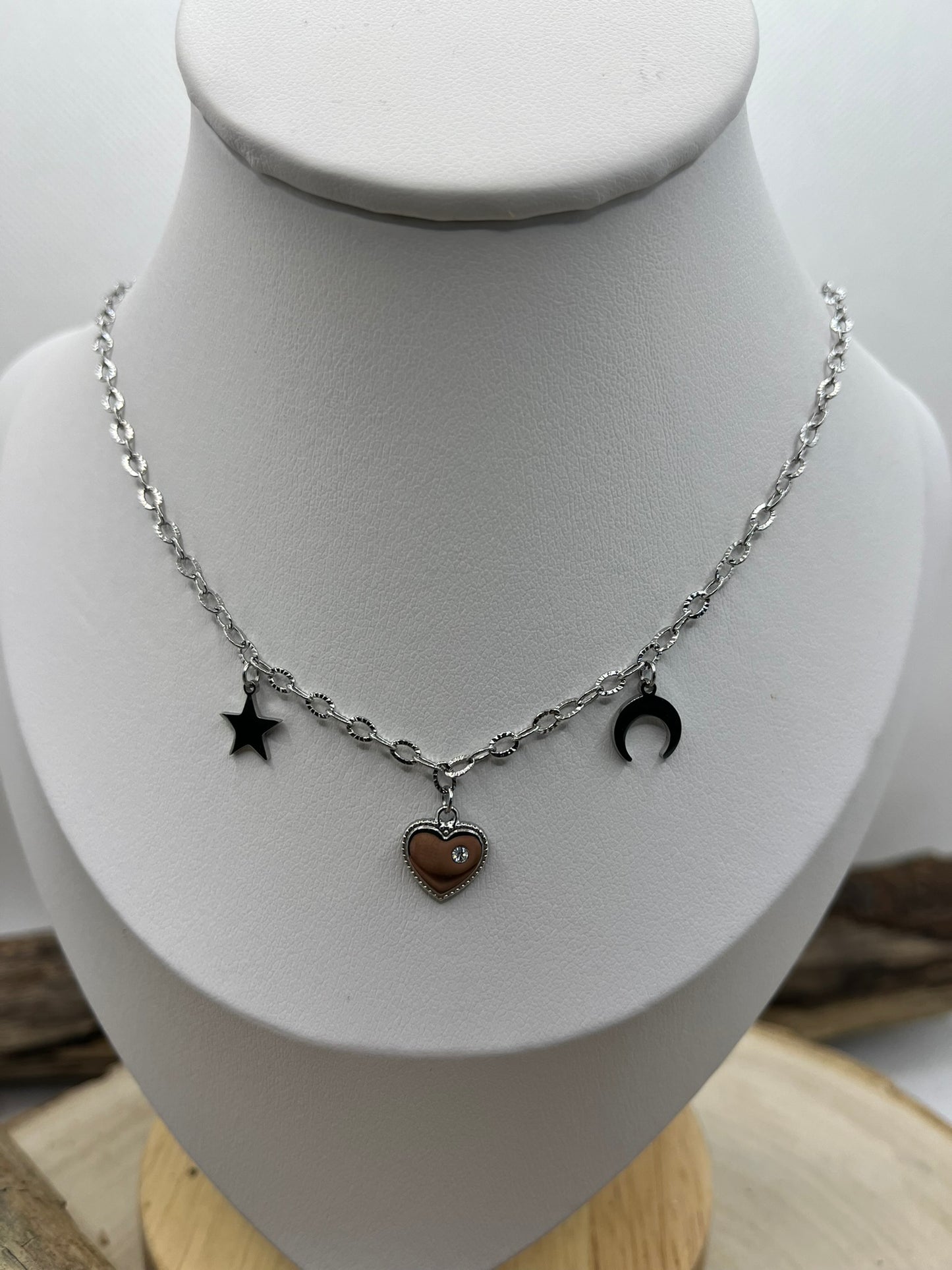 Collier Chaîne fine argenté en acier Inoxydable, Avec ces Pendentif Coeur, étoile, Lune
