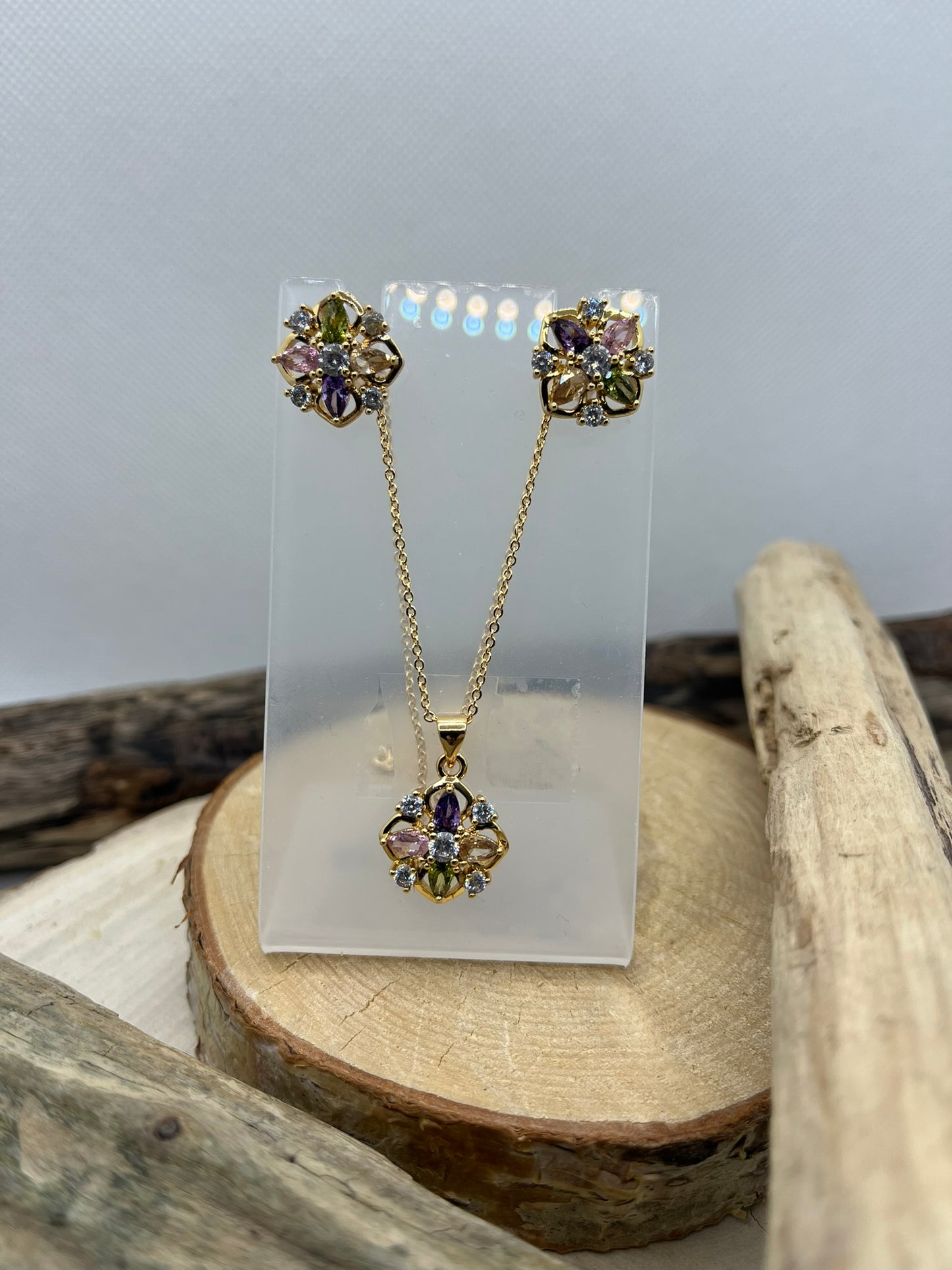 Ensemble Bijoux Femme - Collier chaine + Boucles d'oreilles pendentif fleur ornés de strass - Acier inoxydable Doré