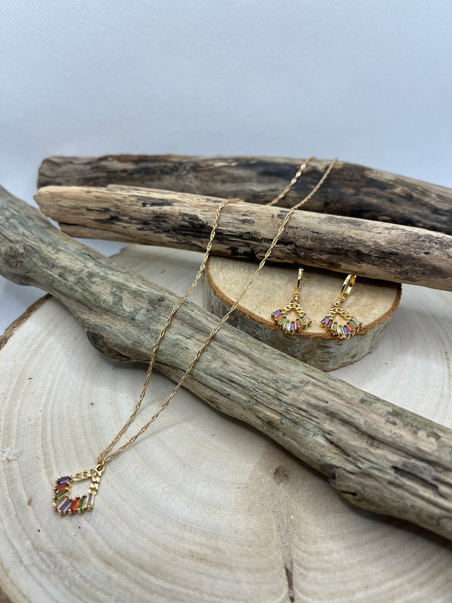 Ensemble Bijoux Femme - Collier chaine + Boucles d'oreilles - Pendentif éventail orné de brillant - Acier Inoxydable Doré