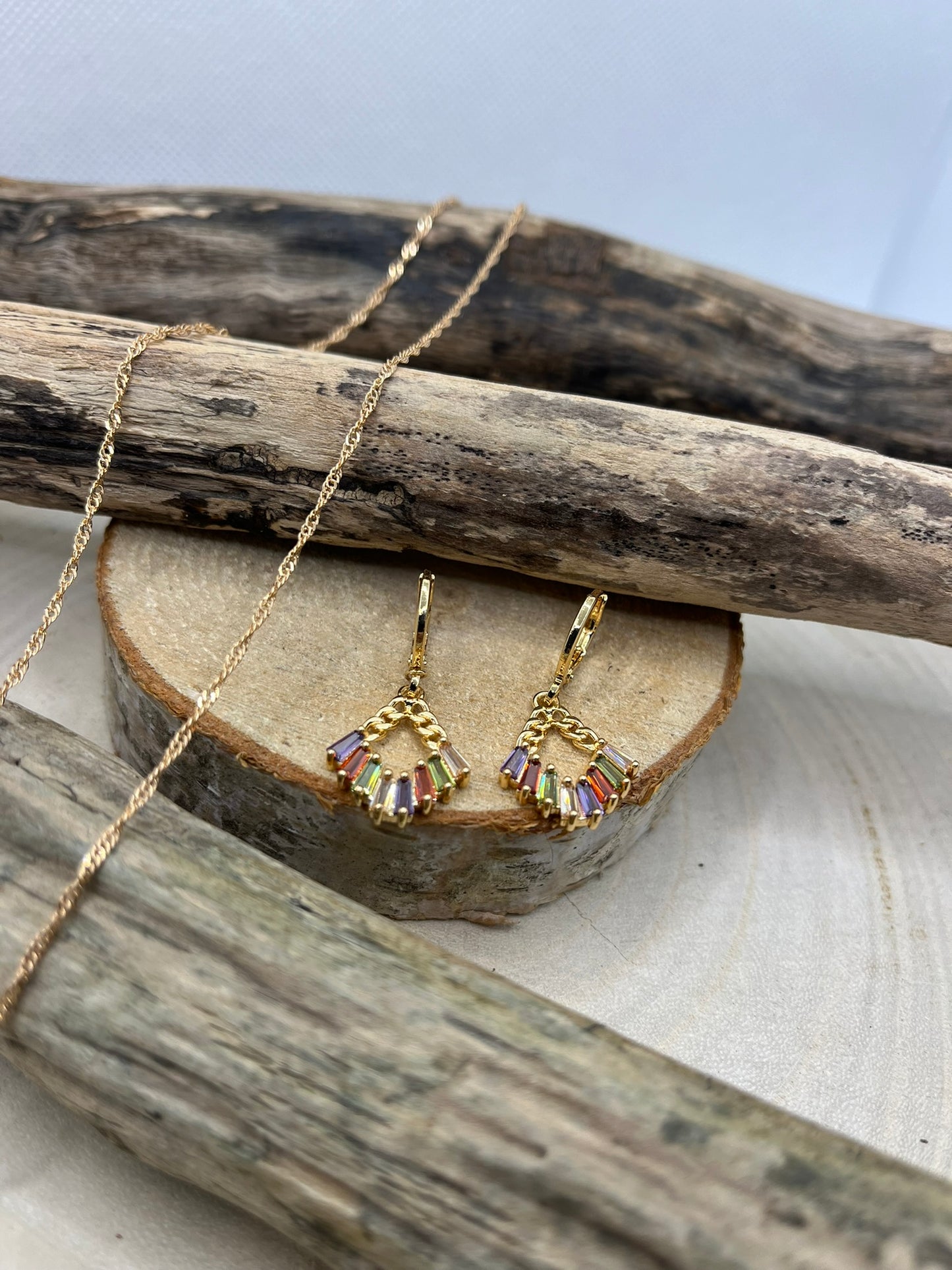 Ensemble Bijoux Femme - Collier chaine + Boucles d'oreilles - Pendentif éventail orné de brillant - Acier Inoxydable Doré