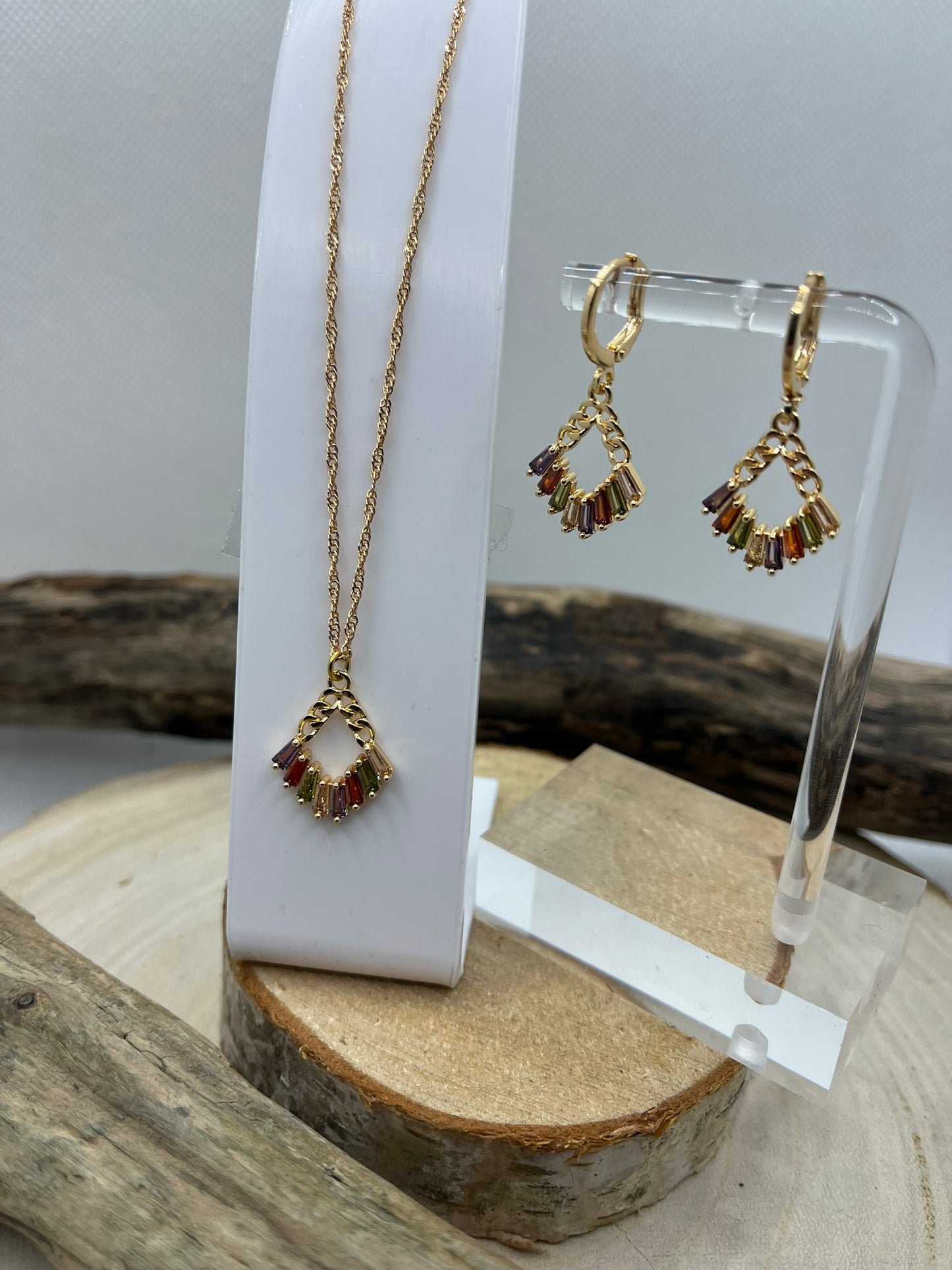Ensemble Bijoux Femme - Collier chaine + Boucles d'oreilles - Pendentif éventail orné de brillant - Acier Inoxydable Doré