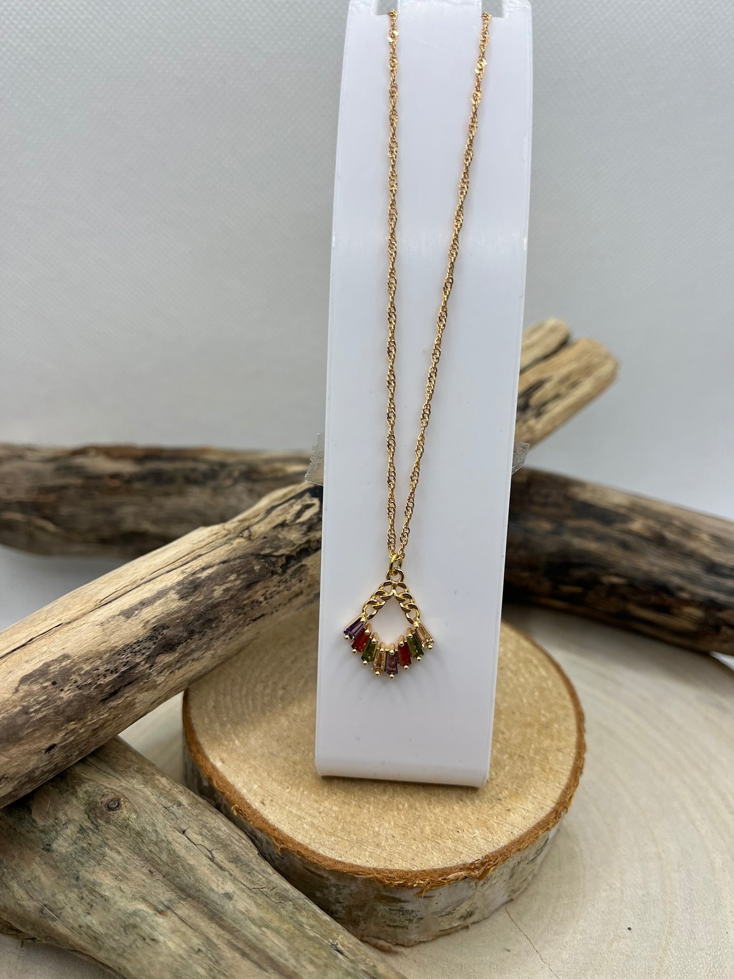 Ensemble Bijoux Femme - Collier chaine + Boucles d'oreilles - Pendentif éventail orné de brillant - Acier Inoxydable Doré