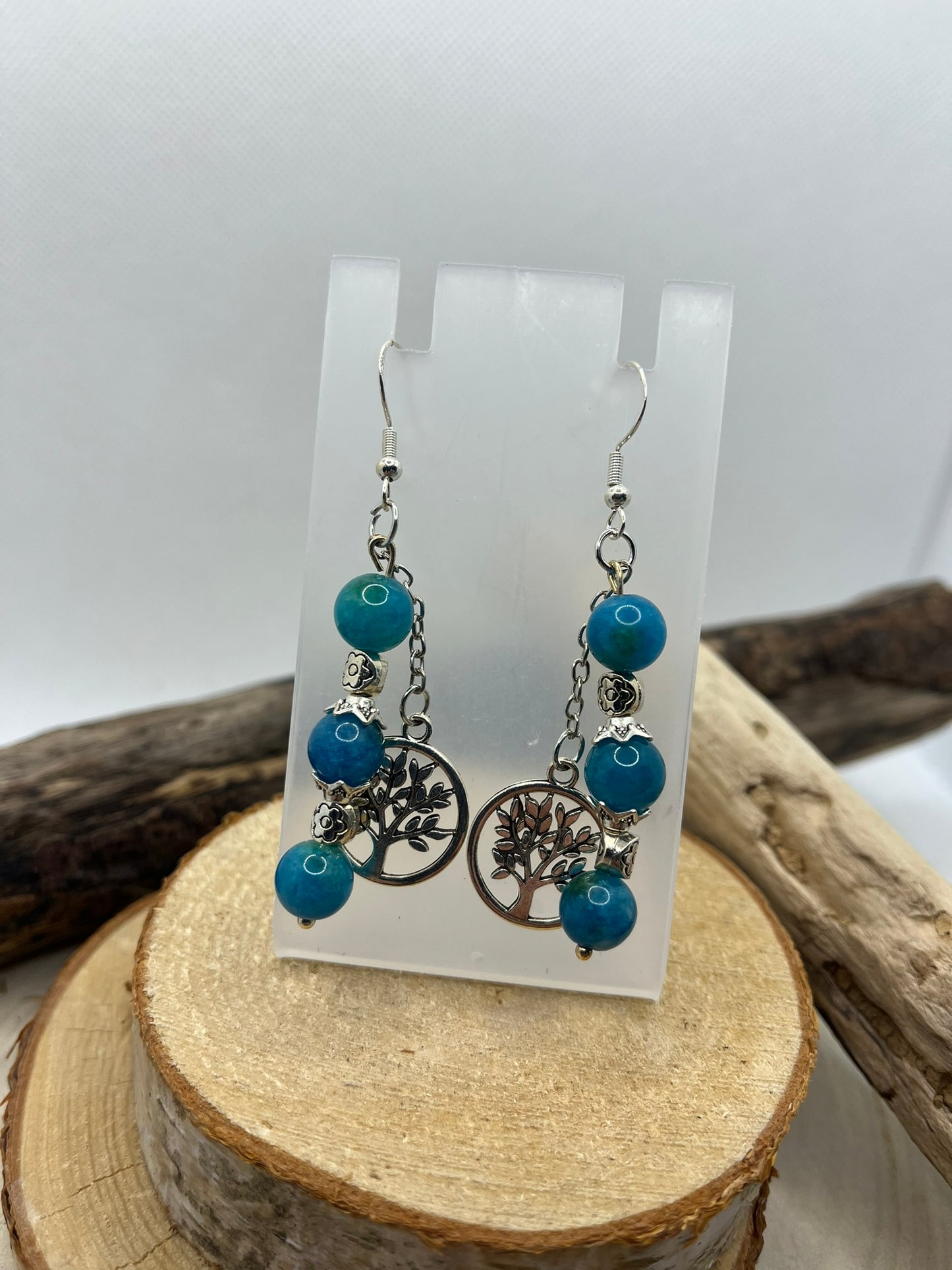 Boucles d'oreilles Pendante en Apatite Bleu et un Pendentif Arbre de vie