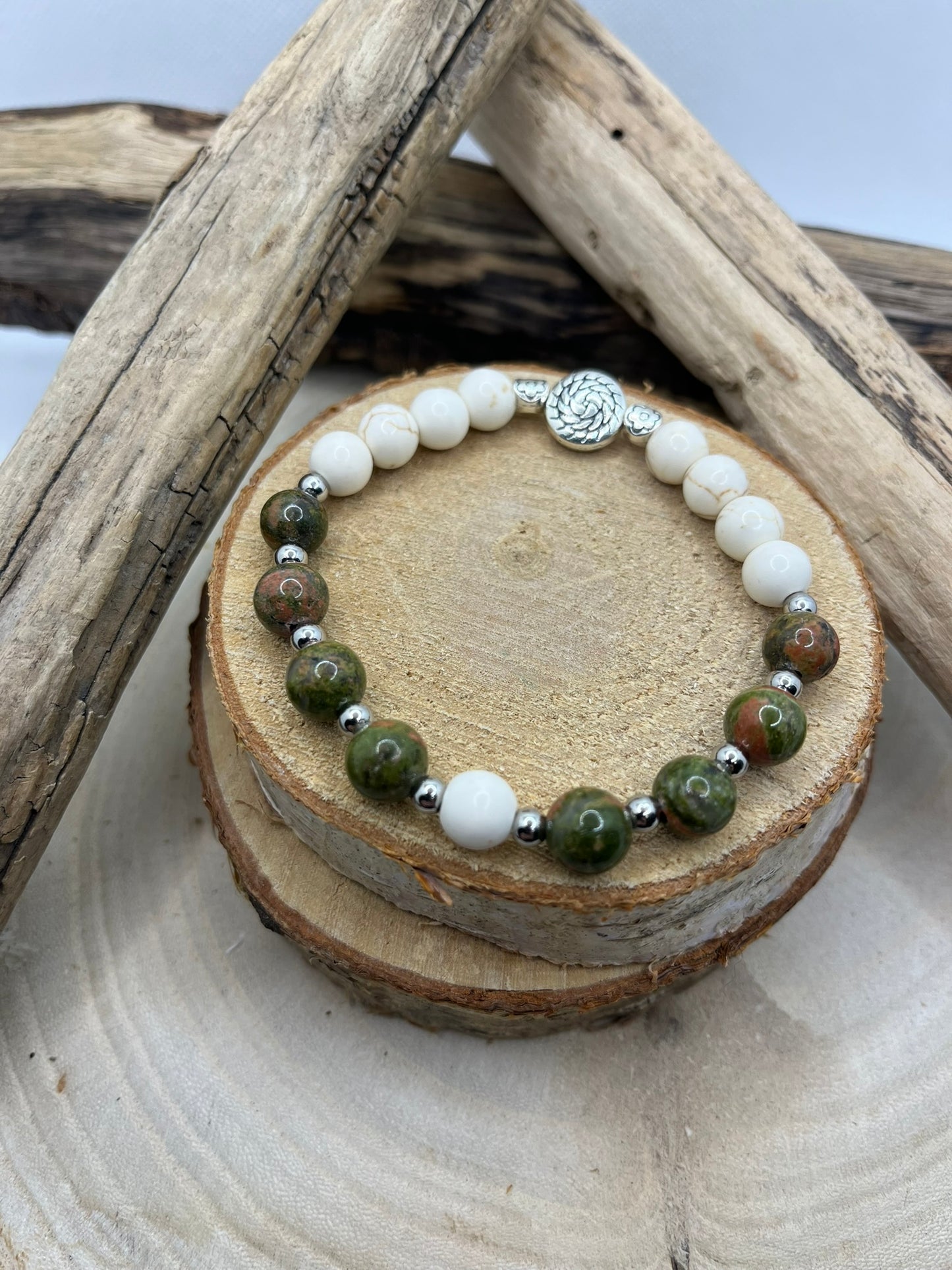 Bracelet Amitié et Calme - Pierres naturelles - Howlite et Unakite - Fait Main