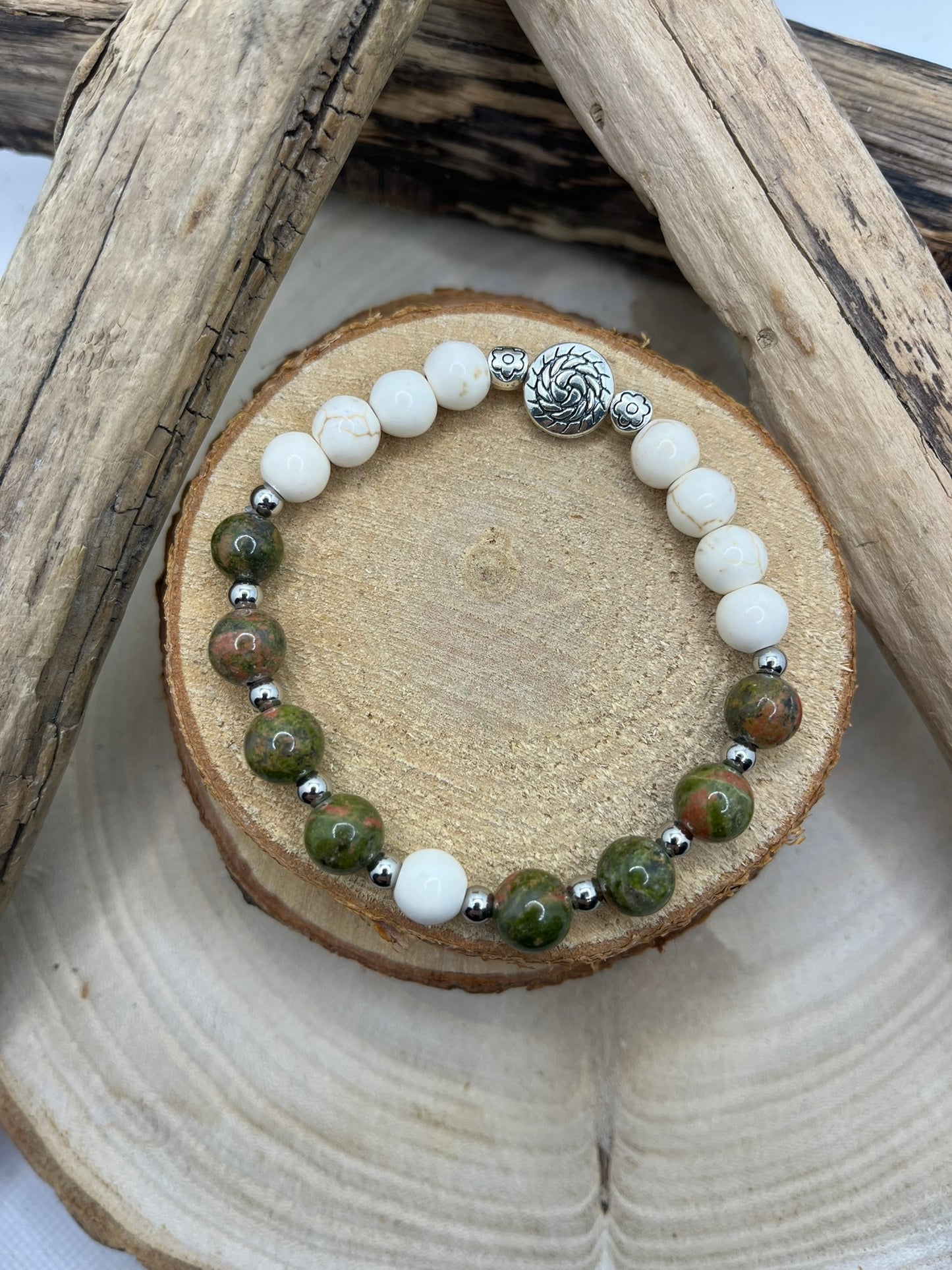 Bracelet Amitié et Calme - Pierres naturelles - Howlite et Unakite - Fait Main