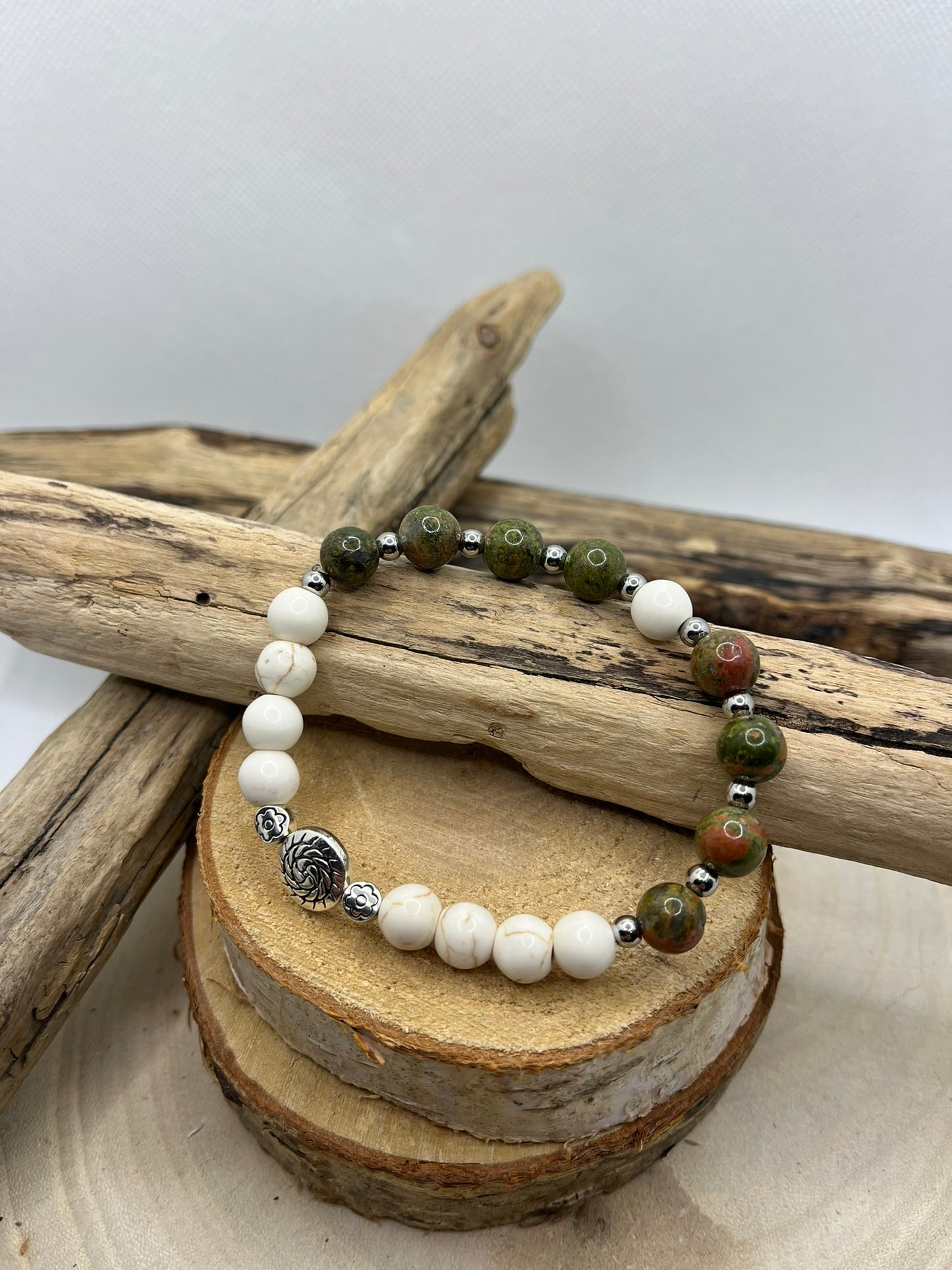Bracelet Amitié et Calme - Pierres naturelles - Howlite et Unakite - Fait Main