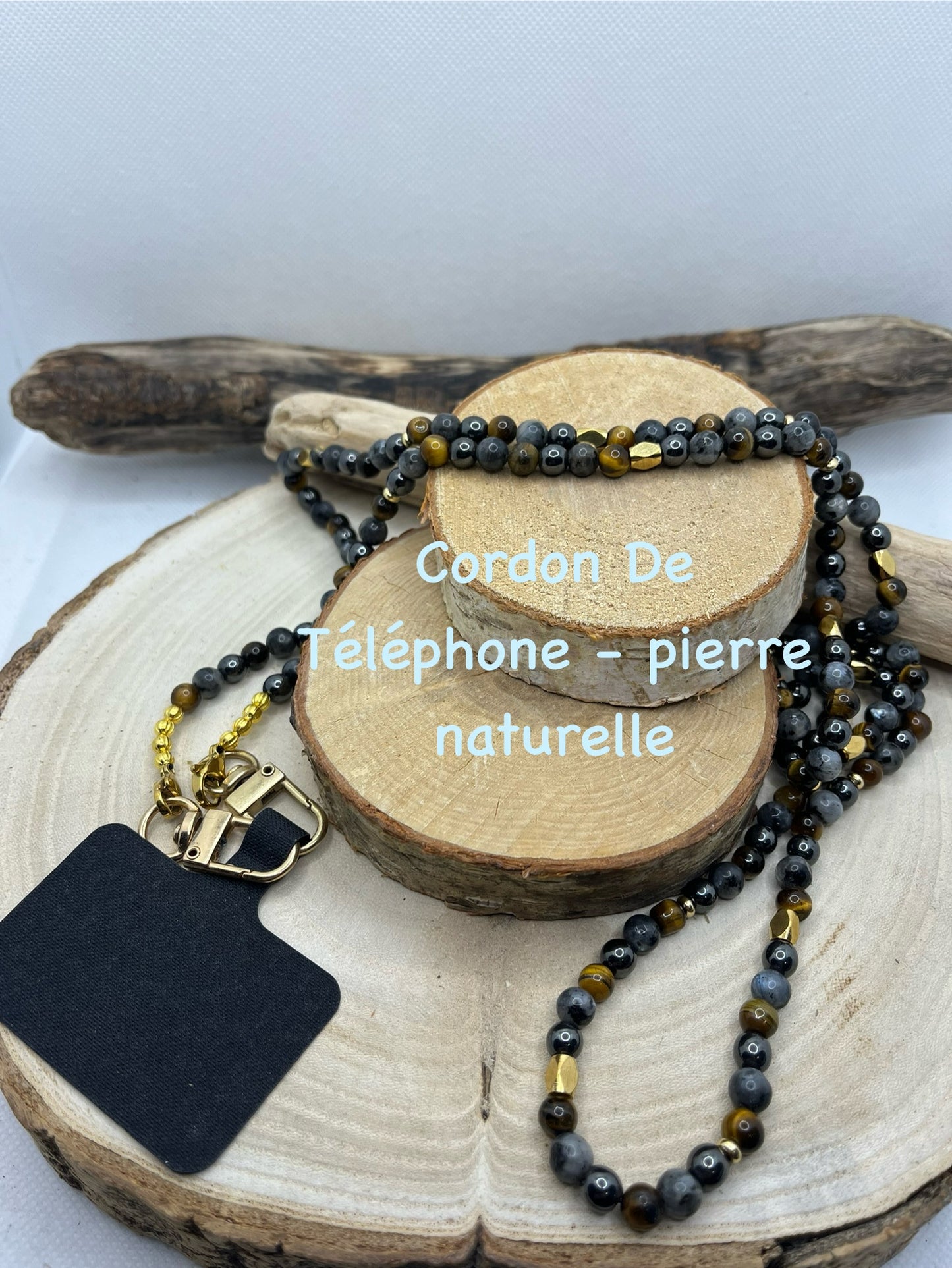 Cordon de Téléphone en perles de pierres naturelles - Hématite,  Labradorite et Oeil de Tigre - Fait main