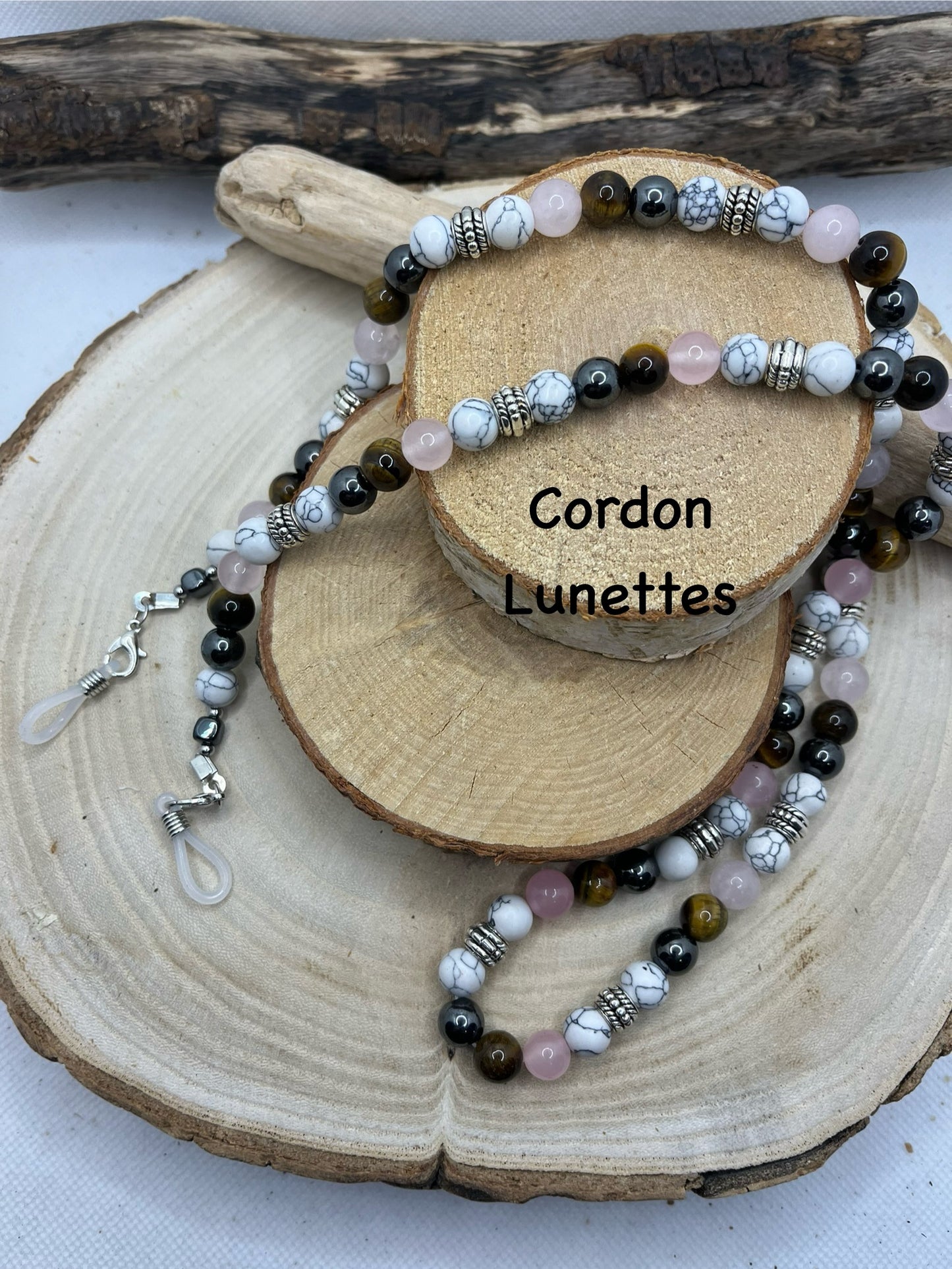 Cordon à Lunette en Perles de Pierres Naturelles - Howlite, hématite, Oeil de Tigre et Quartz rose - Fait Main