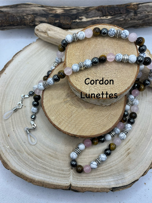 Cordon à Lunette en Perles de Pierres Naturelles - Howlite, hématite, Oeil de Tigre et Quartz rose - Fait Main